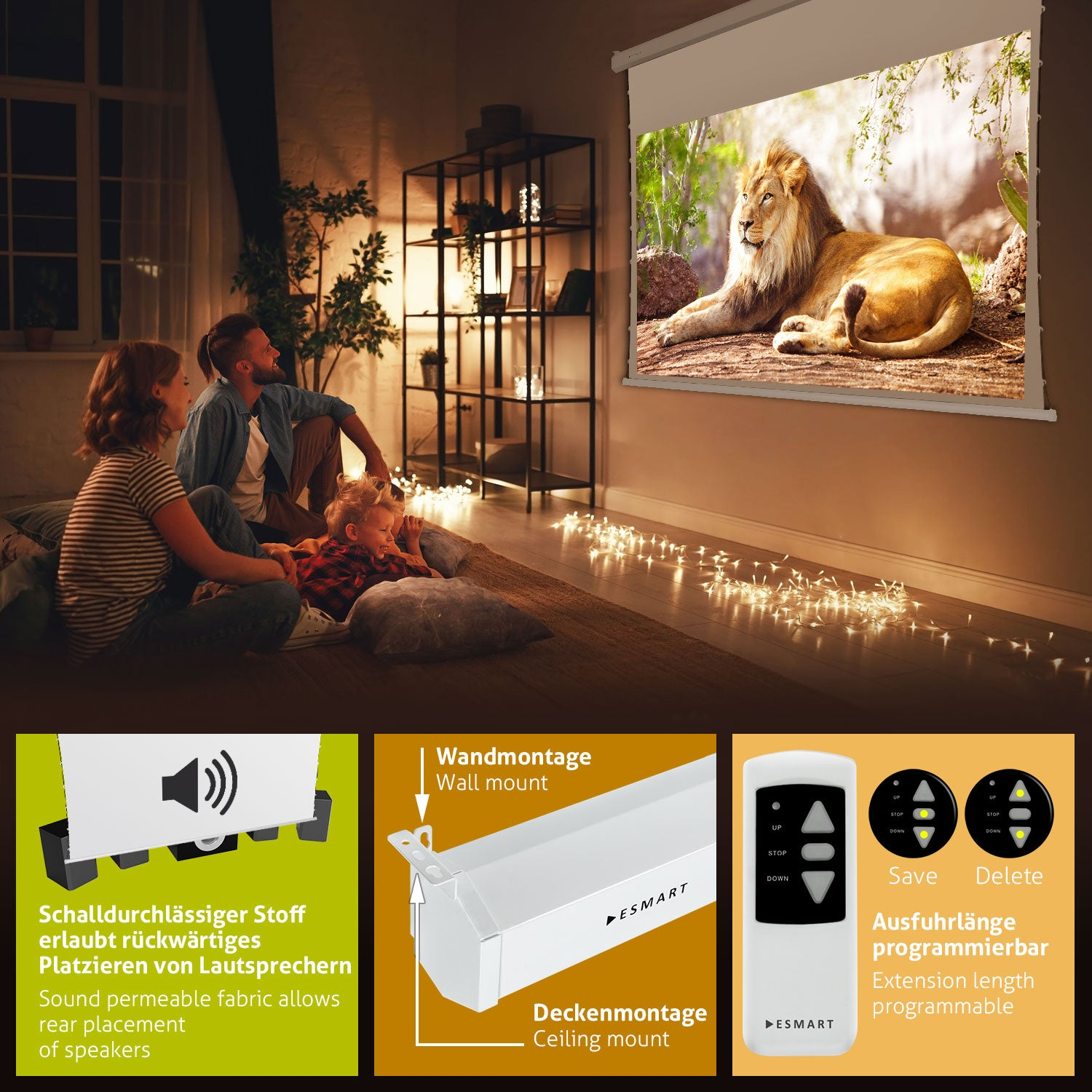 Familie, die sich ein Löwenbild auf einer Projektorleinwand ansieht, mit Lichtern und Produktdetails unten.