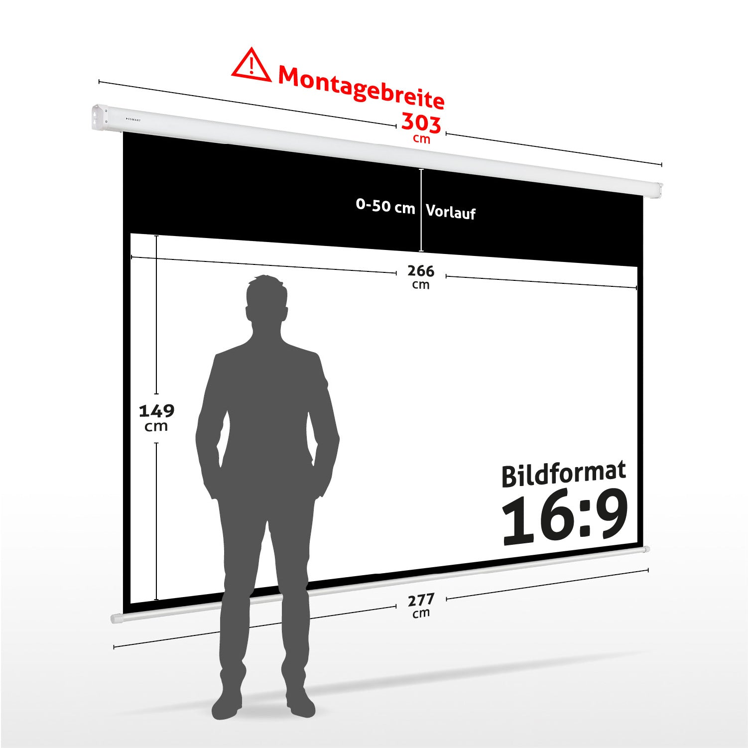 Eine Projektorleinwand mit einer Männersilhouette. Abmessungen in Zentimetern, einschließlich Breiten- und Höhenangaben.