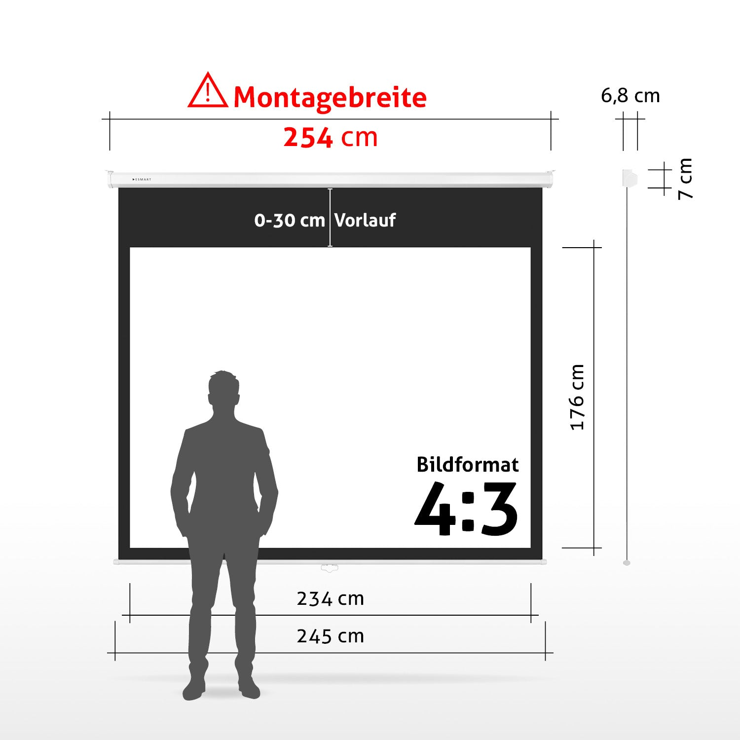 Diagramm einer Projektorleinwand mit Maßen. Eine Person Silhouette steht davor. Text enthält Abmessungen und Seitenverhältnis.