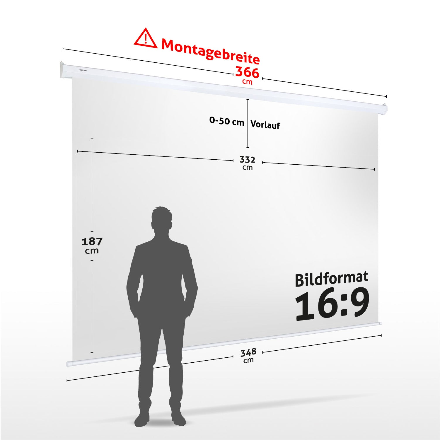 Eine weiße Projektorleinwand mit Abmessungen und einer Personensilhouette wird gezeigt. Text zeigt die Bildschirmgröße und das Seitenverhältnis von 16:9.