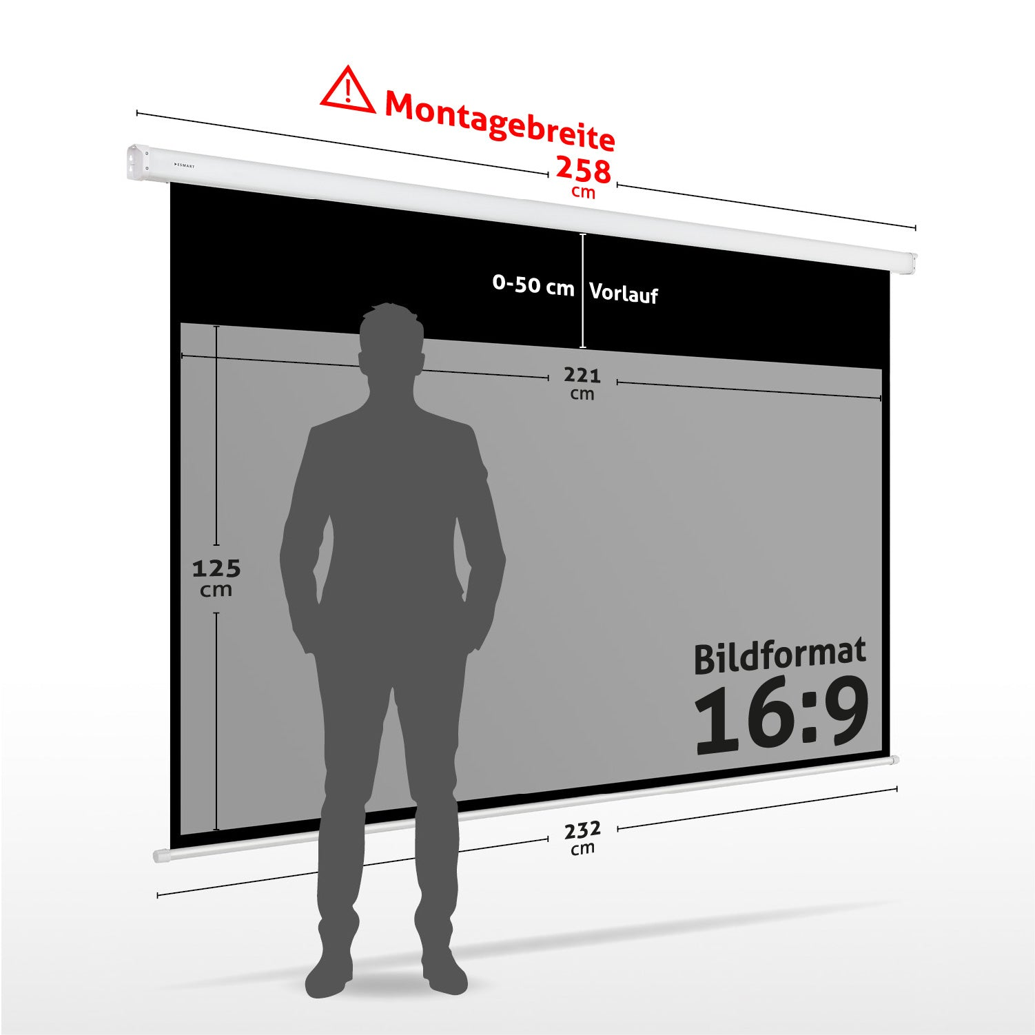 Eine Projektionsleinwand mit Maßen und einer Personensilhouette davor. Text enthält Abmessungen und Seitenverhältnis 16:9.