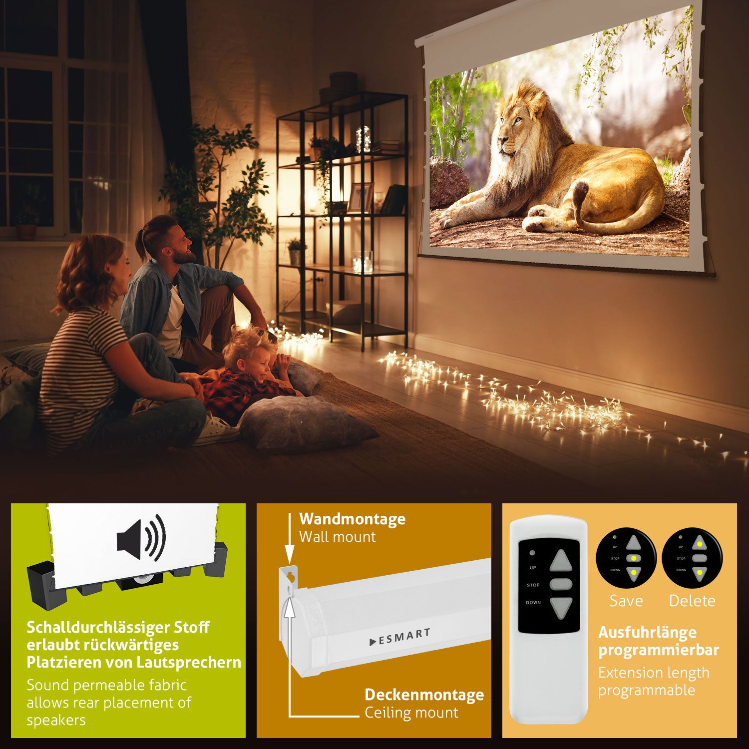 Eine Familie sieht sich ein Löwenbild auf einer Projektionsleinwand an. Der Raum hat Lichterketten, ein Regal und Produktbeschreibungen.