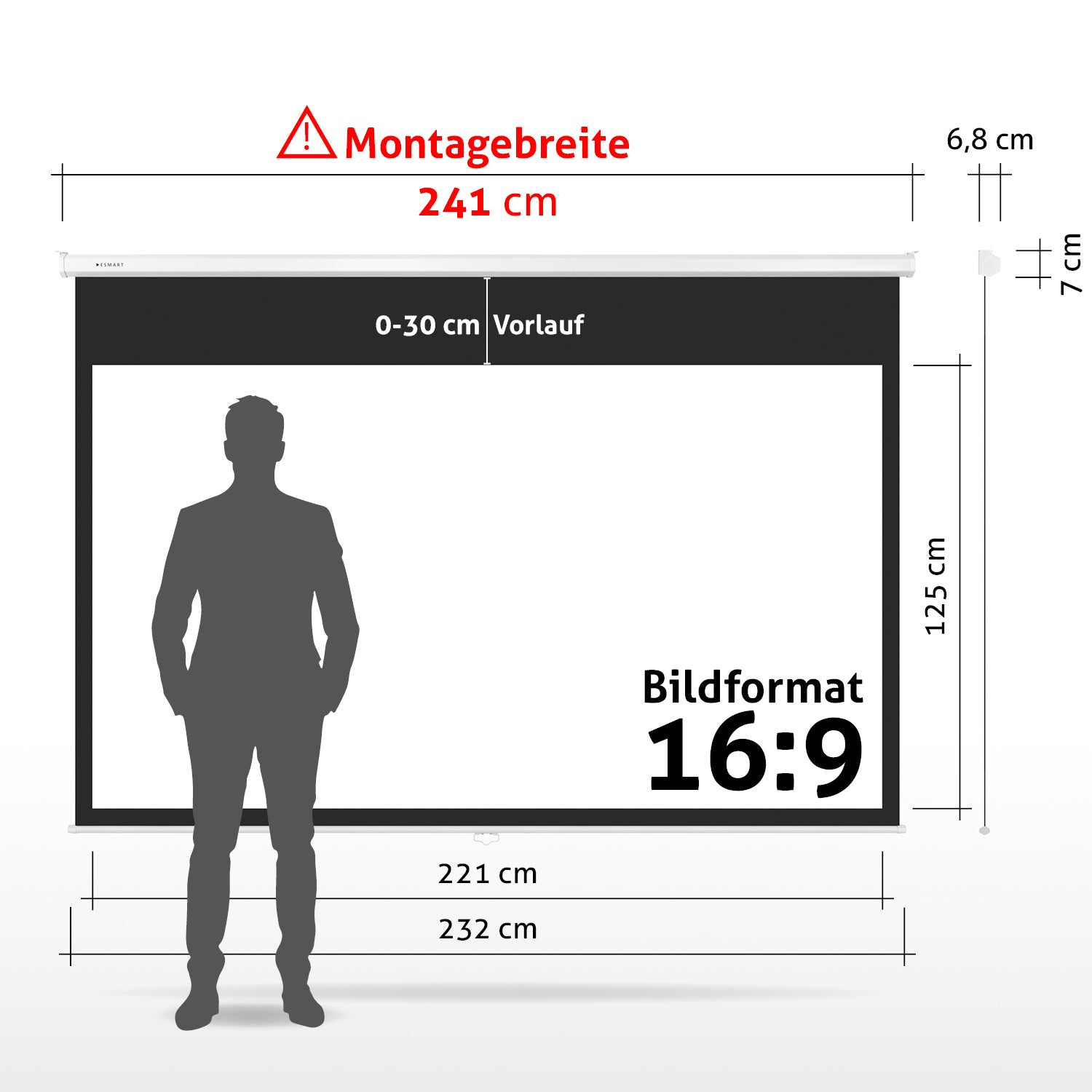 Ein Mann steht vor einer Projektionsleinwand. Maße und Text sind überlagert, darunter 'Montagebreite 241 cm', '16:9' und Messungen.