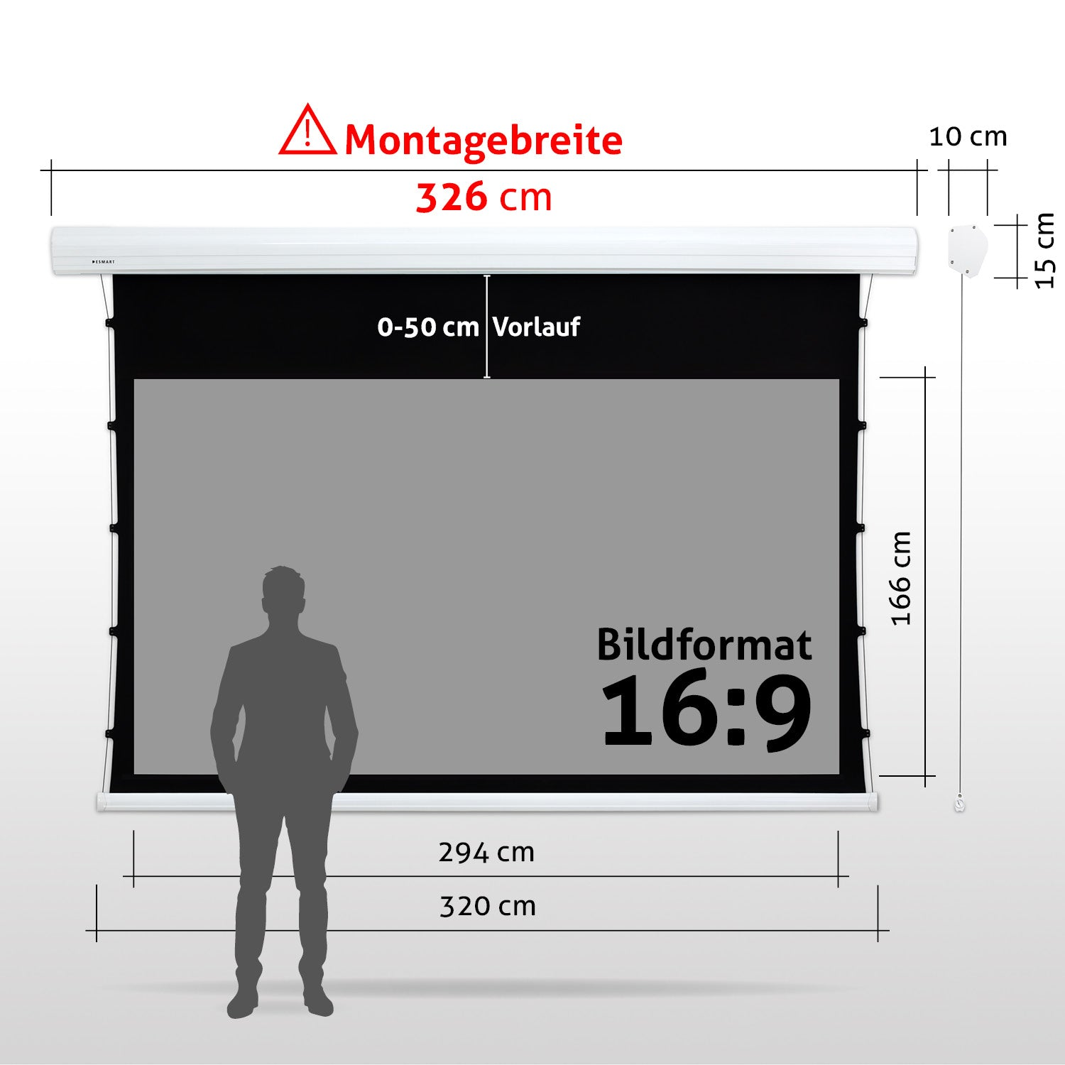Eine Projektorleinwand mit Maßen. Eine Person Silhouette steht vor der Leinwand. Text enthält Maße und Seitenverhältnis.