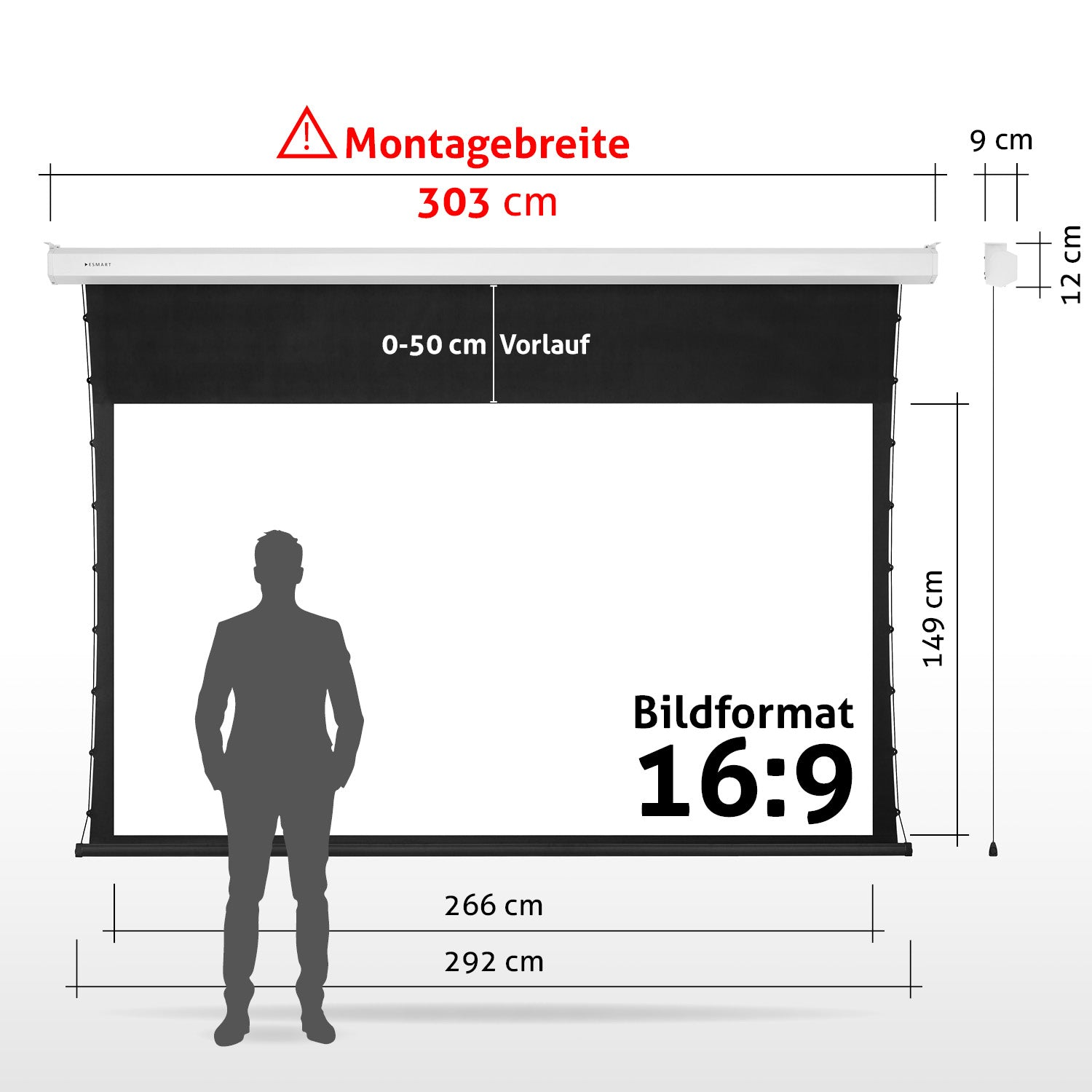Eine Projektionsleinwand mit Maßen und einer Personensilhouette davor. Text enthält Messungen und Seitenverhältnis.