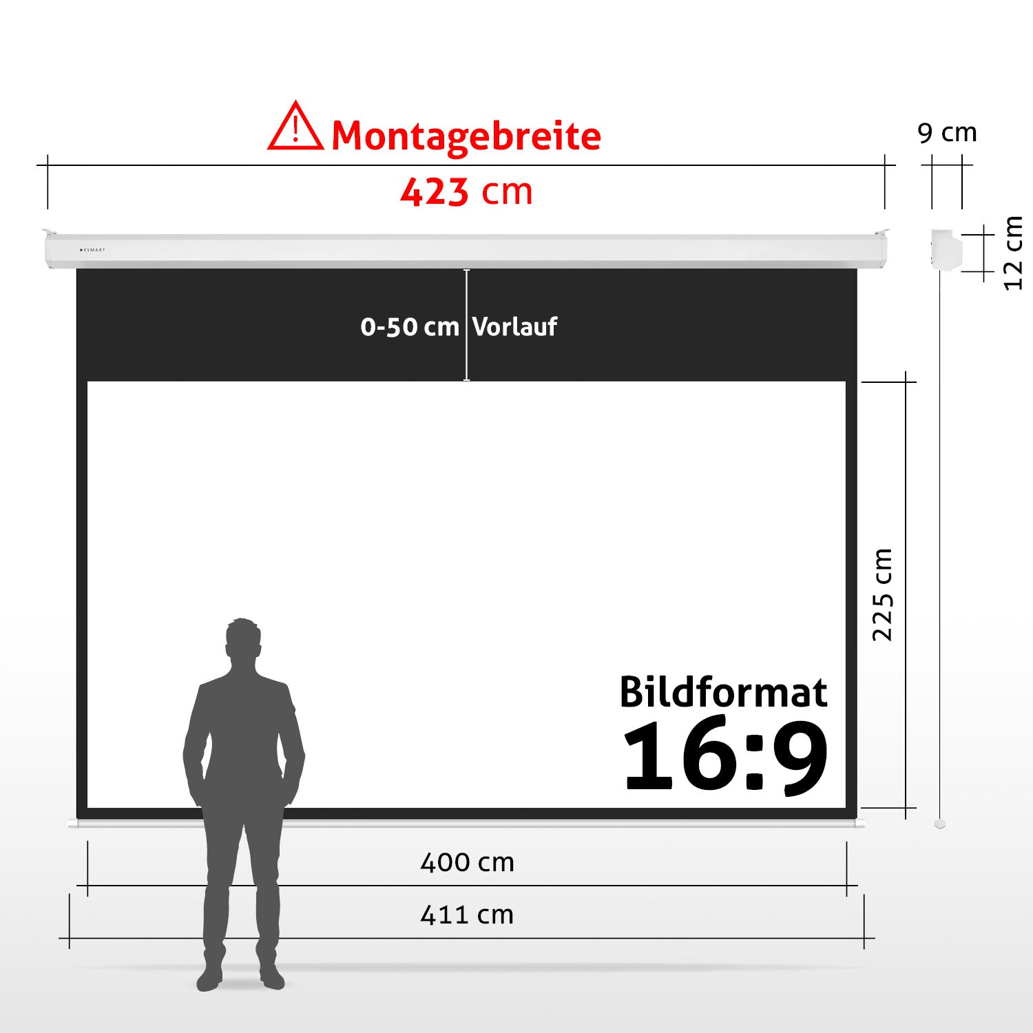 Eine Projektorleinwand mit einer Männersilhouette. Maße in cm. Text enthält 'Montagebreite' und das Format '16:9'.
