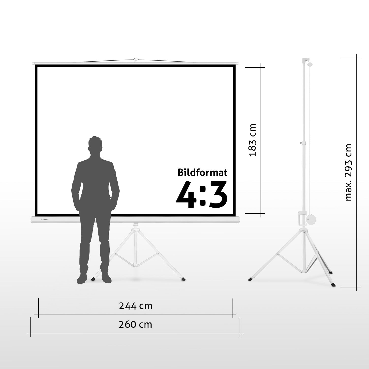 Ein Mann steht vor einer Projektionsleinwand. Abmessungen sind angegeben. Der Bildschirm hat das Format 4:3. Ein Ständer und Maße sind ebenfalls abgebildet.
