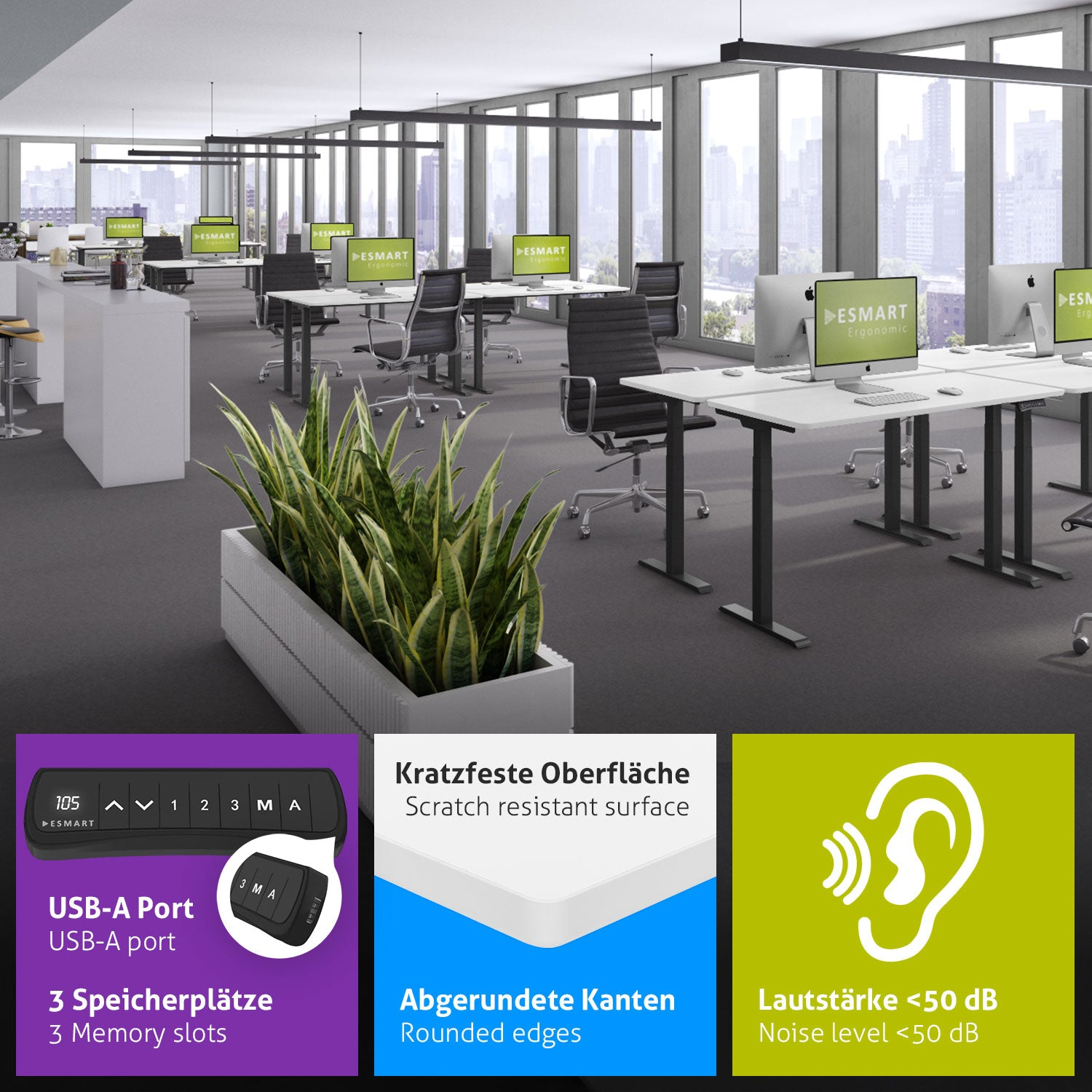 Ein Büro mit Schreibtischen, Computern und Stühlen. Eine Pflanze befindet sich im Vordergrund. Merkmale: USB-A-Anschluss, kratzfeste Oberfläche, abgerundete Kanten und geringe Geräuschentwicklung.