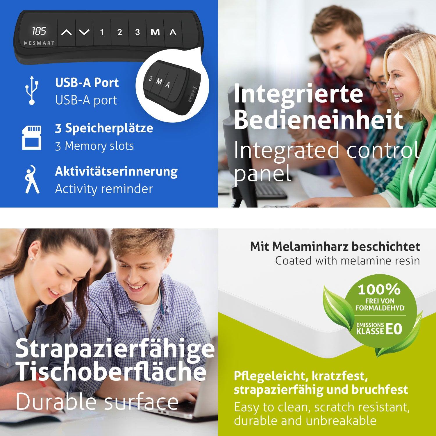 Das Bild zeigt Produktmerkmale: USB-Anschluss, Speicherslots, Aktivitätserinnerung und ein Bedienfeld mit Personen.