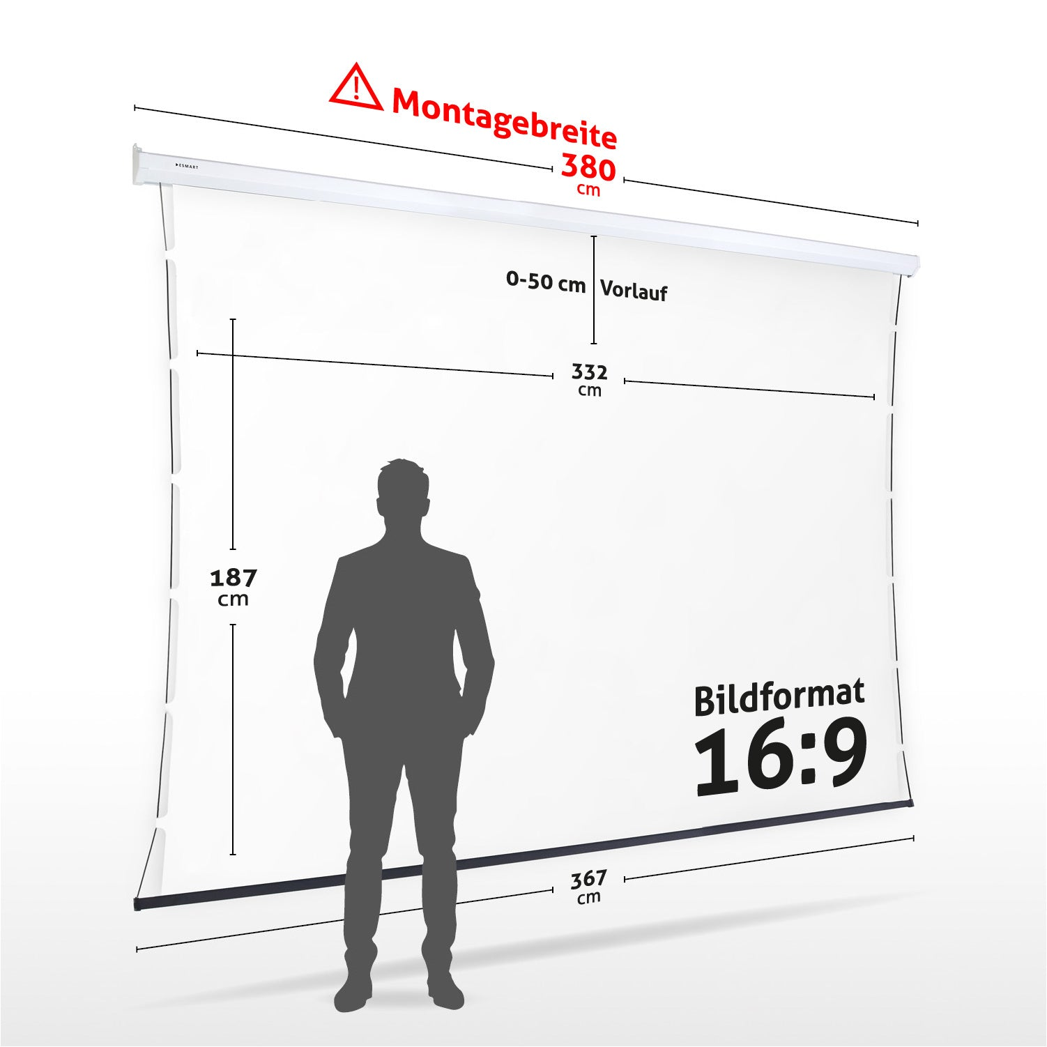 Ein weißer Bildschirm mit Maßangaben, eine menschliche Silhouette und Text, der die Abmessungen und das Seitenverhältnis von 16:9 angibt.