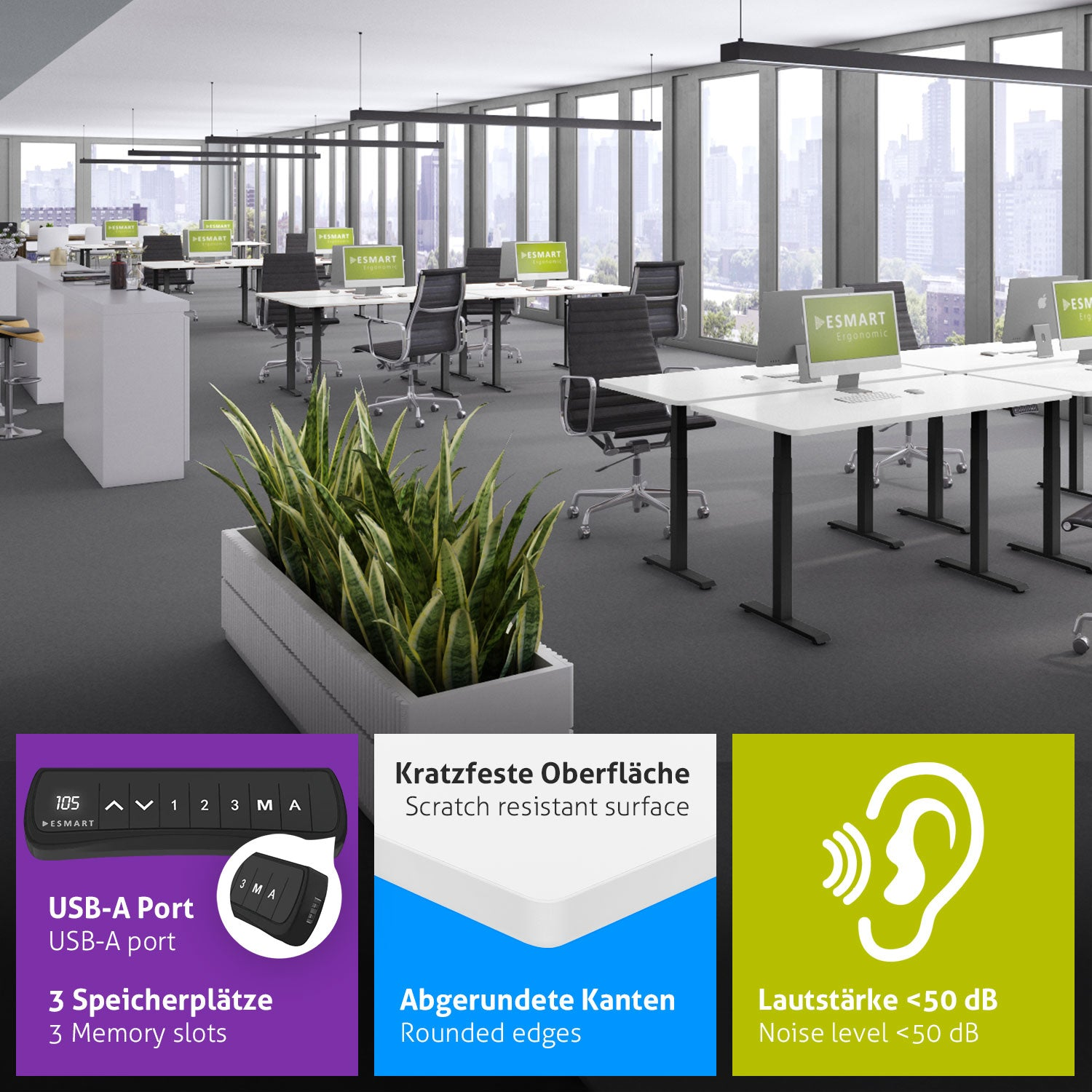 Ein Büro mit Schreibtischen, Computern und Stühlen. Pflanzen in einem Pflanzgefäß im Vordergrund. Merkmale: USB-Anschluss, abgerundete Kanten und Geräuschpegel.