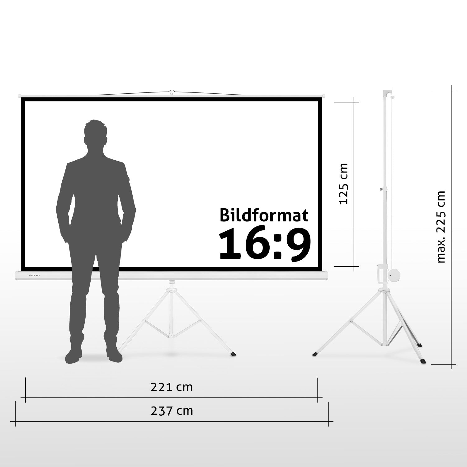 Ein Mann steht vor einer Projektionsfläche. Der Bildschirm ist mit 16:9 beschriftet. Maße sind in cm angegeben. Ein Ständer ist rechts.
