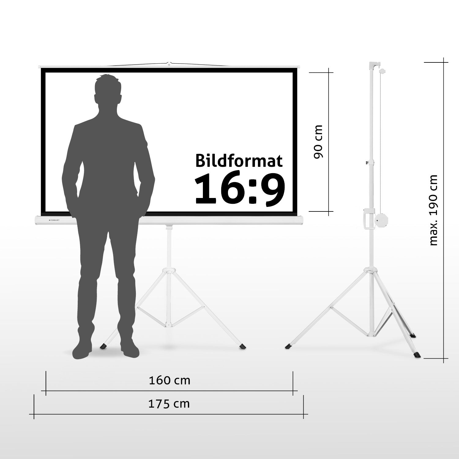 Eine Männersilhouette steht neben einer weißen Projektorleinwand mit 16:9 Format. Abmessungen sind angegeben. Ein Ständer ist ebenfalls vorhanden.