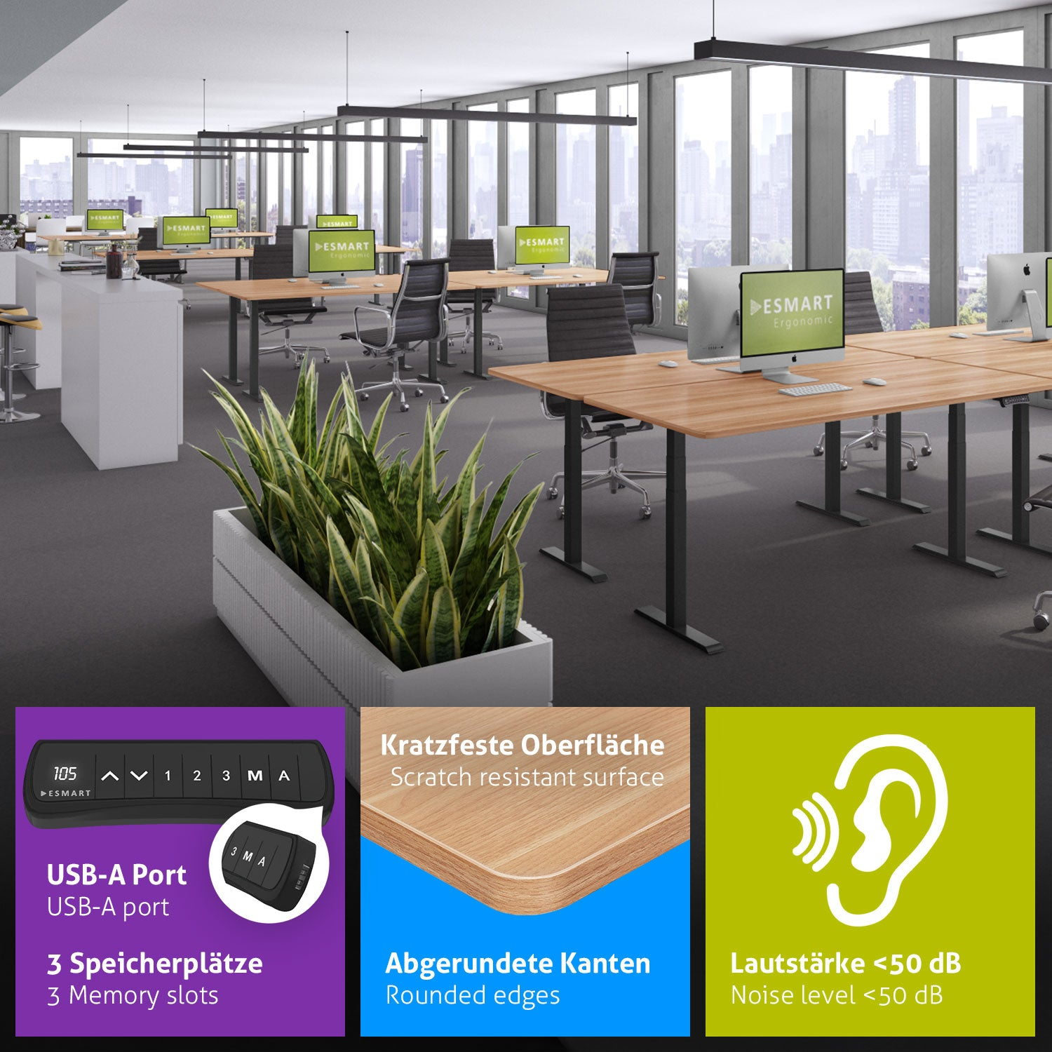 Ein Büro mit Schreibtischen, Computern und Stühlen. Eine Pflanze befindet sich im Vordergrund. Details umfassen USB-Anschluss und Geräuschpegel.