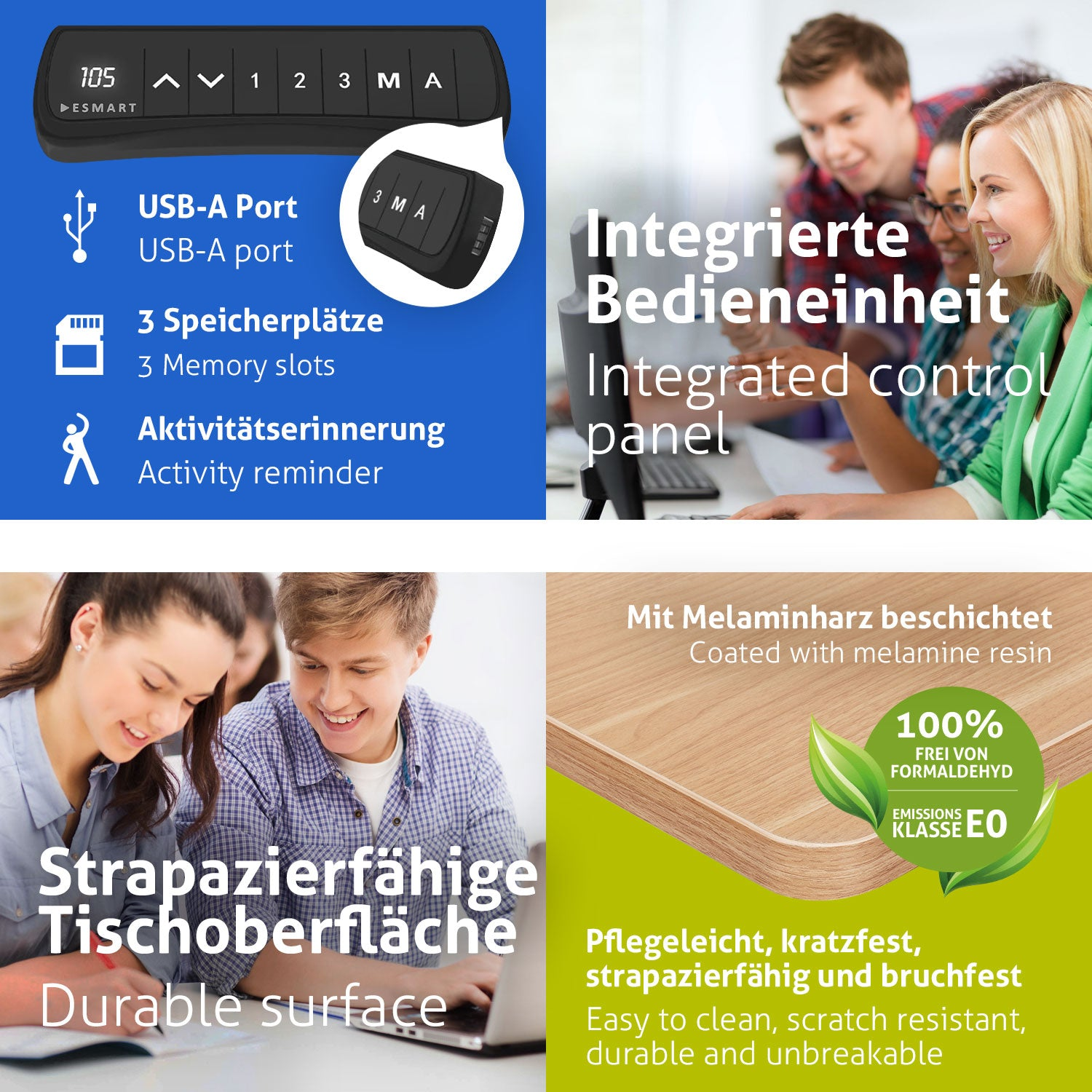 Das Bild zeigt ein Bedienfeld, Studenten und eine strapazierfähige Oberfläche. Es enthält auch Text zu Speicherslots und USB-Anschluss.