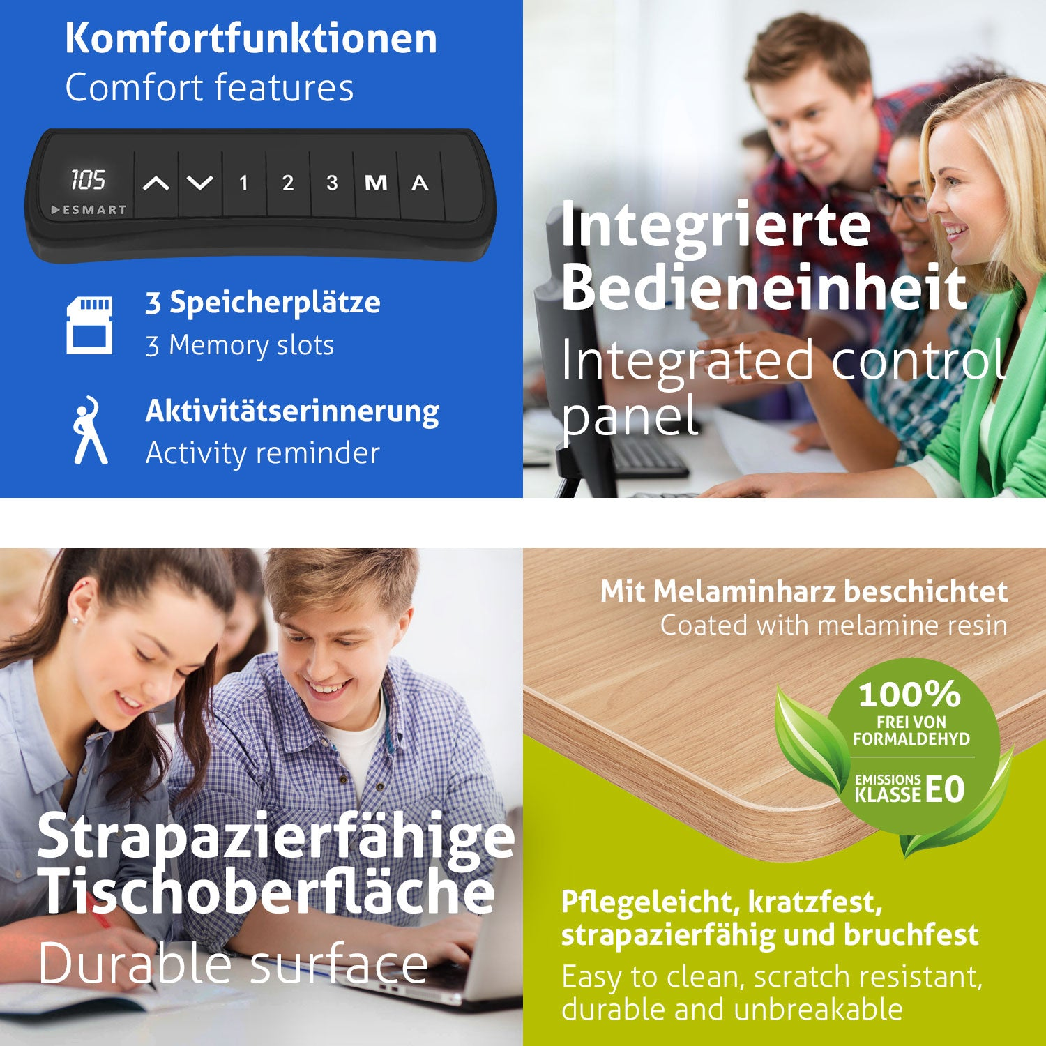 Das Bild enthält Texte zu Produktmerkmalen. Menschen lächeln, während sie auf einen Computer schauen, und der Tisch hat ein Holzmuster.