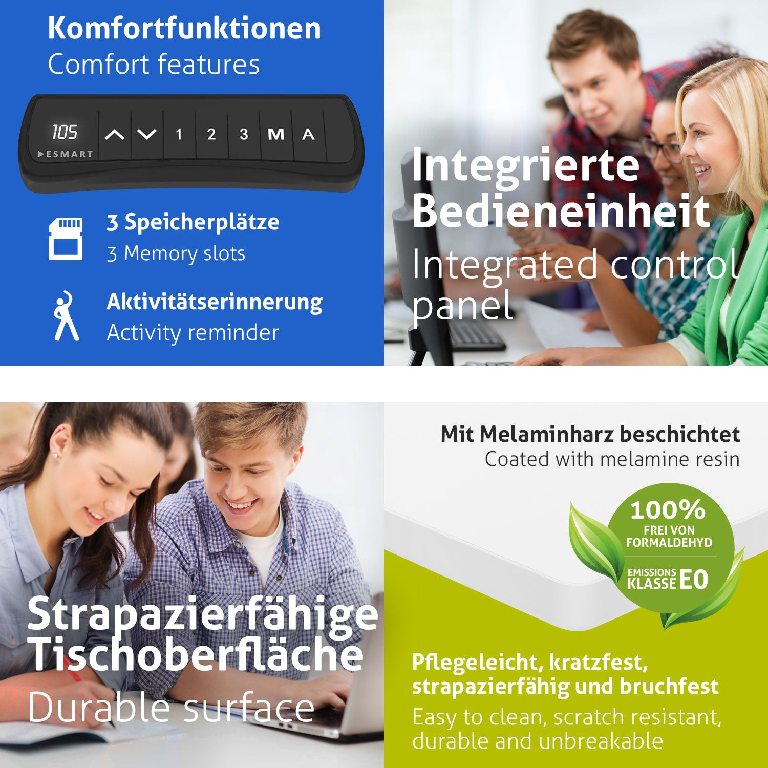 Das Bild zeigt Komfortfunktionen eines Produkts, einschließlich Speicherplätzen und einer Aktivitätserinnerung, mit Personen, die Computer benutzen.