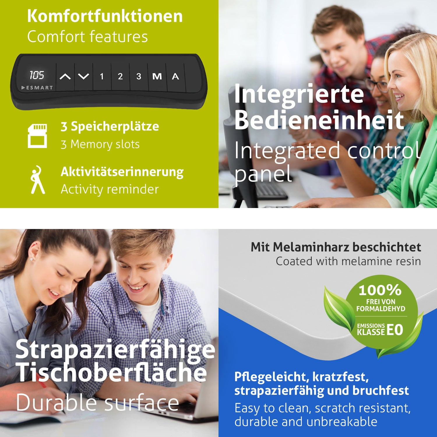 Das Bild zeigt Komfortmerkmale mit Bedienfeld und Personen an Computern. Text hebt strapazierfähige Oberfläche und formaldehydfreie Materialien hervor.