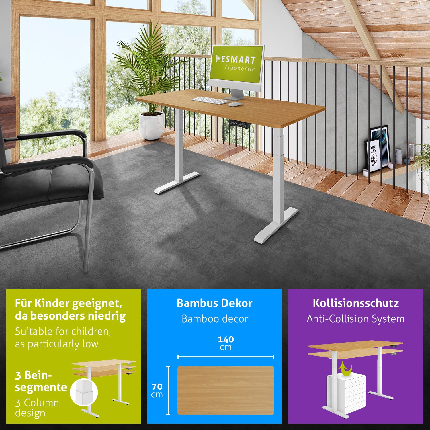 Ein moderner Bürotisch mit Bambusdekor, weißen Beinen und einem Computer. Der Hintergrund hat Fenster, eine Pflanze und ein Loft.