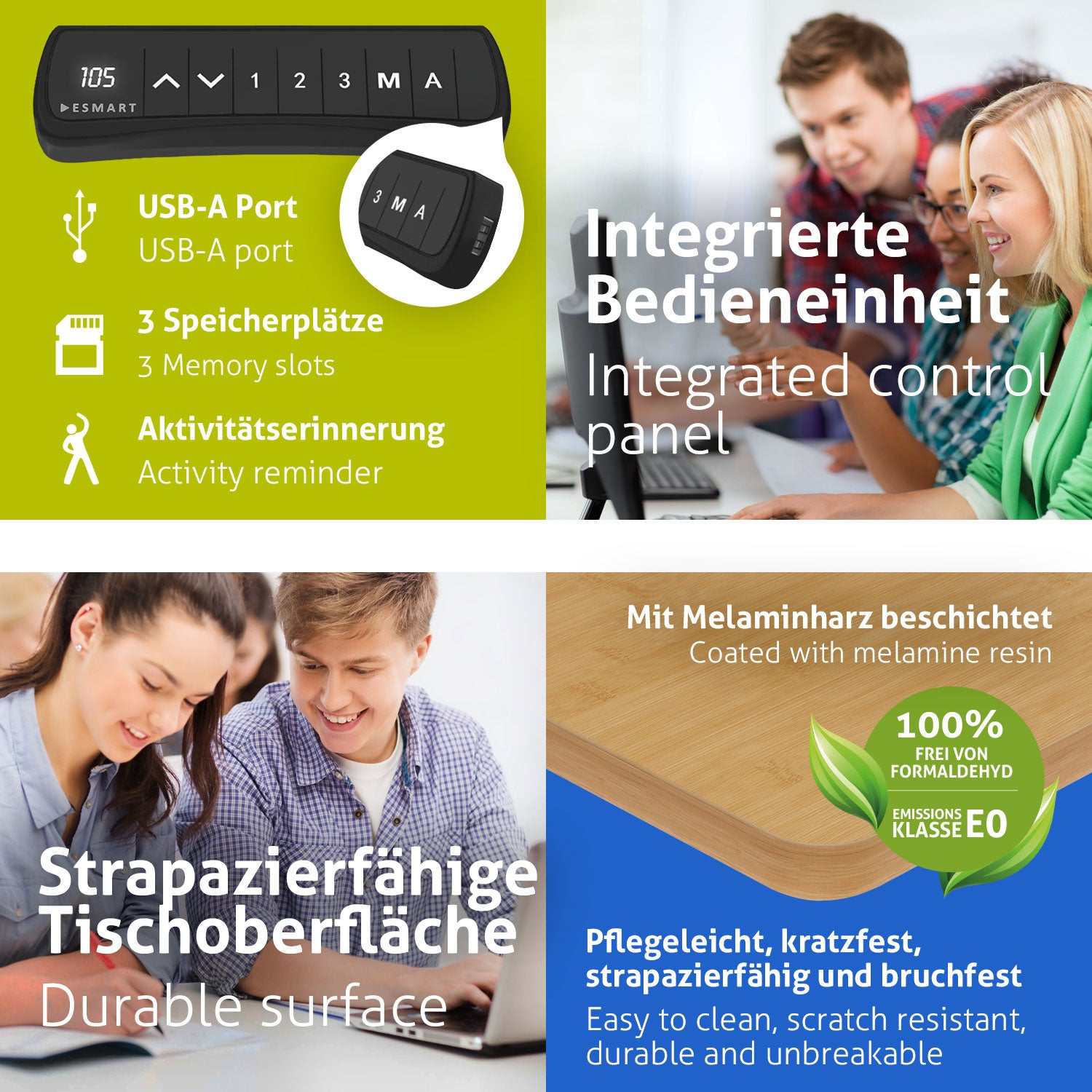 Das Bild zeigt Produktdetails: Bedienfeld, USB-Anschluss, Speicherschlitze, Aktivitätserinnerung und Produktmerkmale.