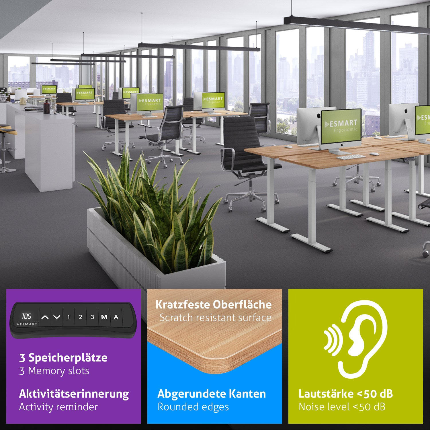 Büro mit Schreibtischen, Stühlen und Computern. Pflanzen im Vordergrund. Merkmale sind kratzfeste Oberfläche, abgerundete Kanten und geringe Geräuschentwicklung.
