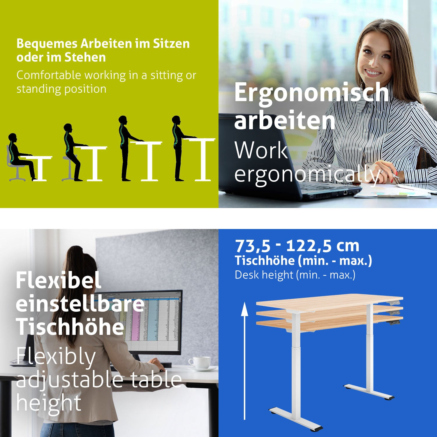 Das Bild zeigt ergonomische Arbeitskonzepte: Sitzen/Stehen, eine Frau am Schreibtisch, einen höhenverstellbaren Tisch und den Schreibtischhöhenbereich.