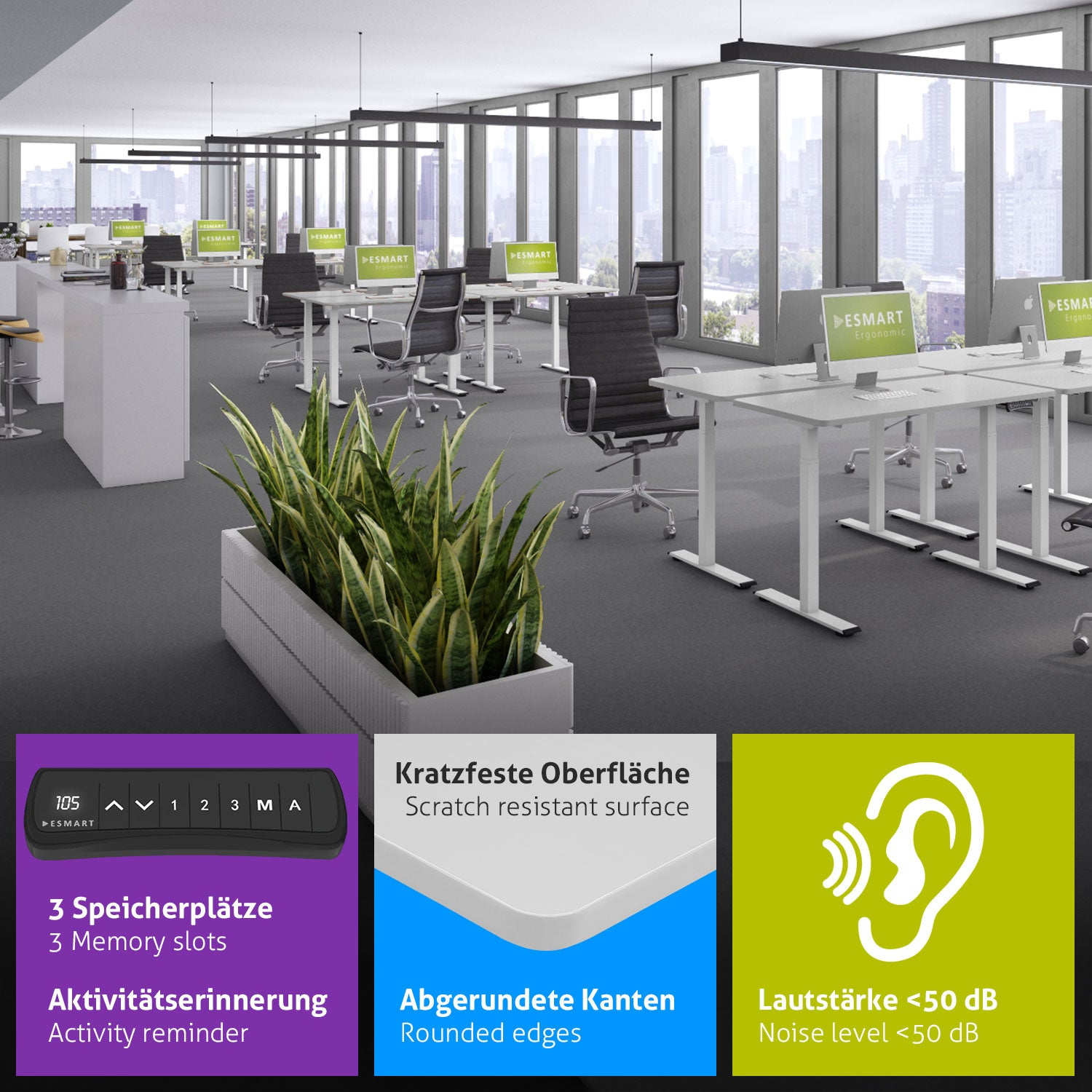 Ein Büro mit Schreibtischen, Stühlen und Computern. Ein großer Pflanzentopf im Vordergrund, mit Informationstafeln unten.