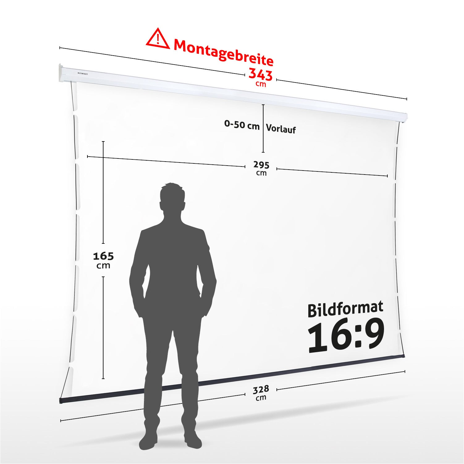 Ein Mann steht vor einer Projektionsleinwand. Maße und Seitenverhältnis sind beschriftet. Weißer Bildschirm und weißer Rahmen.