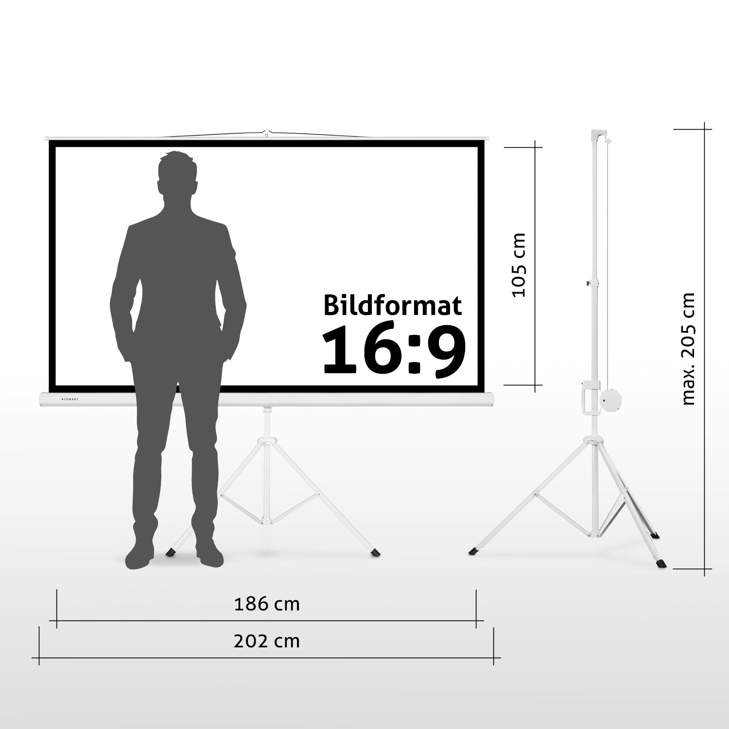 Die Silhouette eines Mannes steht vor einer Projektionsleinwand mit Maßen und Seitenverhältnis. Daneben steht ein Stativ.
