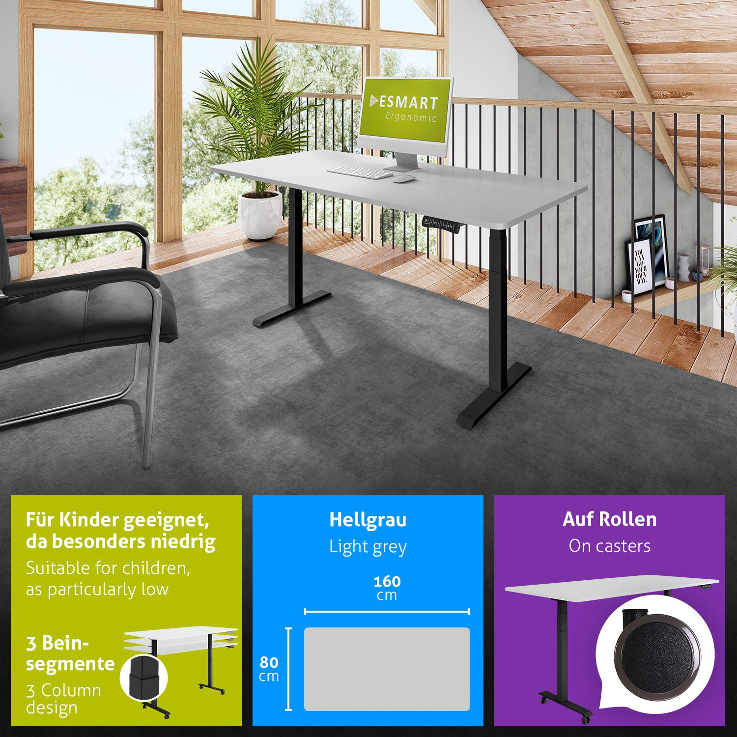 Ein höhenverstellbarer Schreibtisch mit Computer. Im Hintergrund ein Zimmer mit Fenster und Loft.