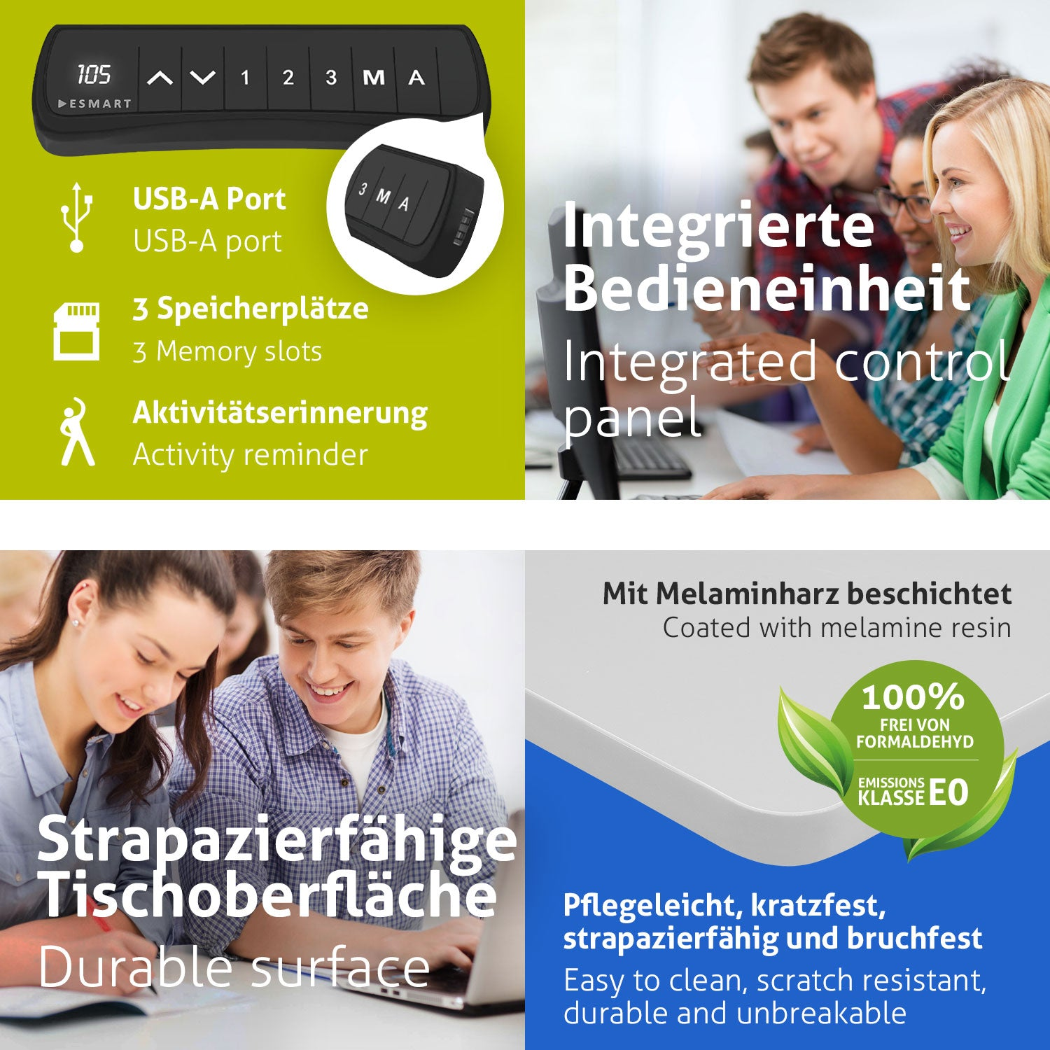 Das Bild zeigt Produktmerkmale: USB-A-Anschluss, Speicherslots und Aktivitätserinnerung. Personen nutzen Laptops mit einer haltbaren Oberfläche.
