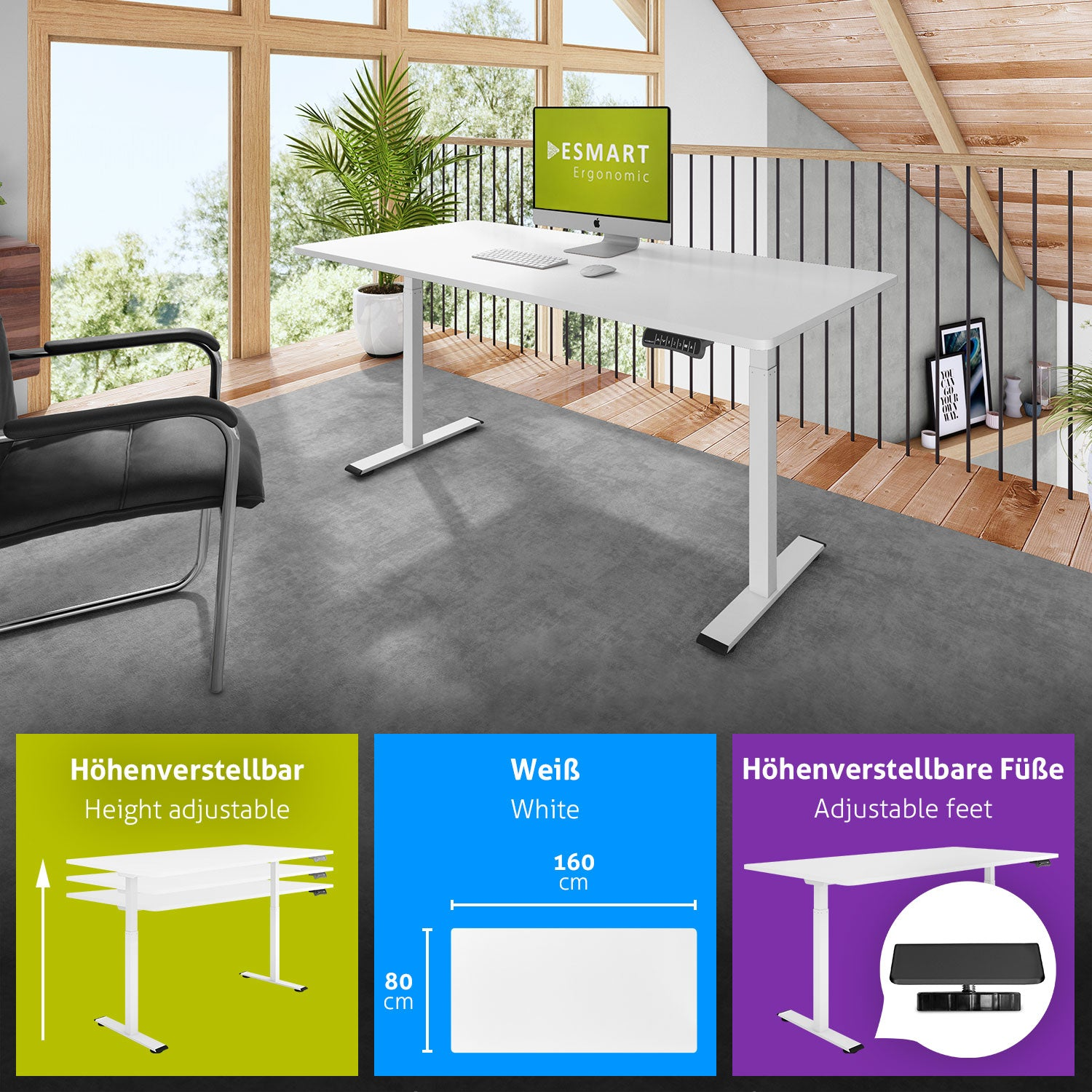 Ein weißer, höhenverstellbarer Schreibtisch steht in einem Raum. Ein Monitor und eine Tastatur stehen darauf. Diagramme zeigen Merkmale und Abmessungen.