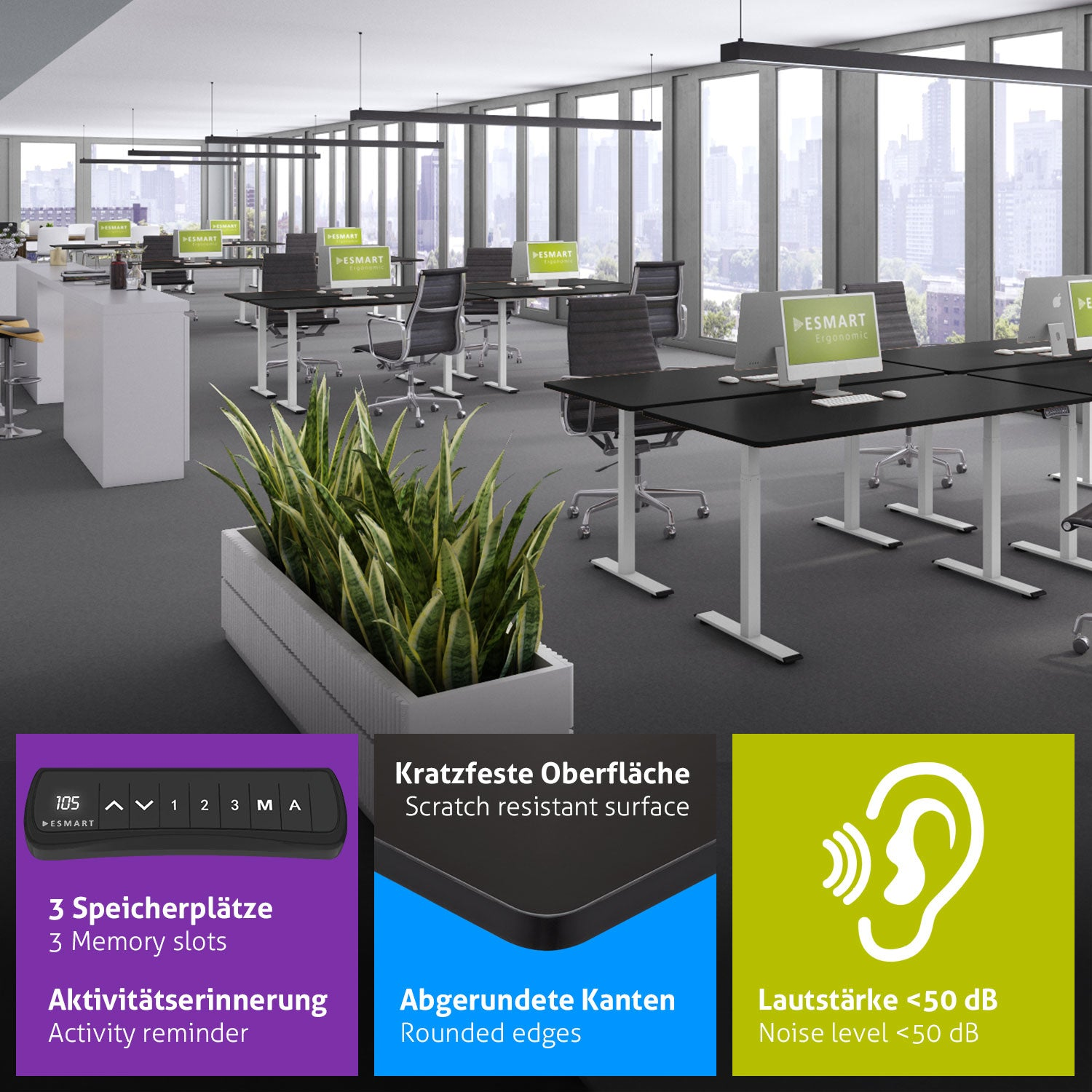 Büro mit Schreibtischen, Stühlen und Monitoren. Pflanzen im Vordergrund. Textfelder zeigen Funktionen wie Speicherplätze und Geräuschpegel.