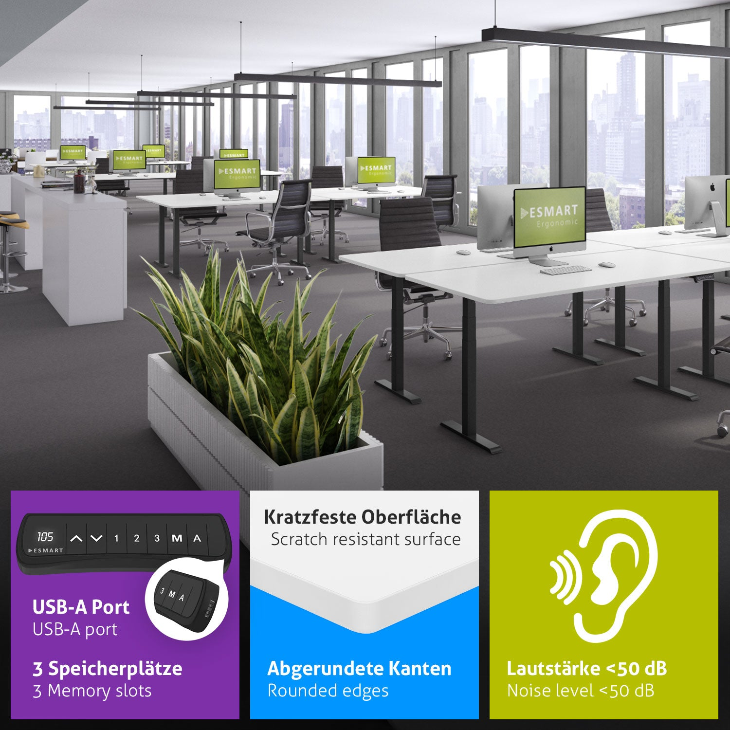 Ein Büro mit Schreibtischen, Computern und Stühlen. Eine Pflanze befindet sich im Vordergrund. Infografiken für USB, Kratzfestigkeit und Geräuschpegel.