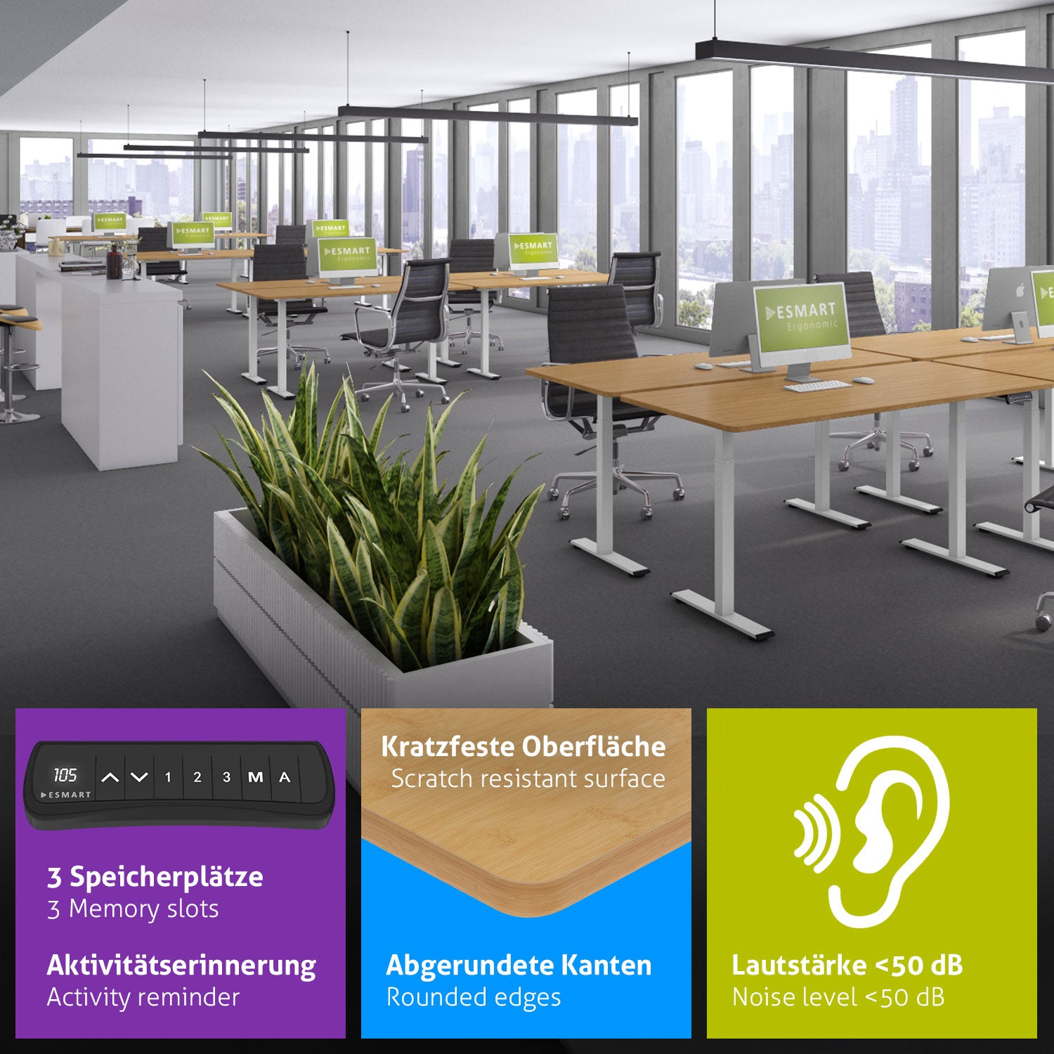 Ein Büro mit mehreren Schreibtischen, Computern und Stühlen. Im Vordergrund befindet sich eine Pflanze. Merkmale: kratzfeste Oberfläche, abgerundete Kanten, geringe Geräusche.