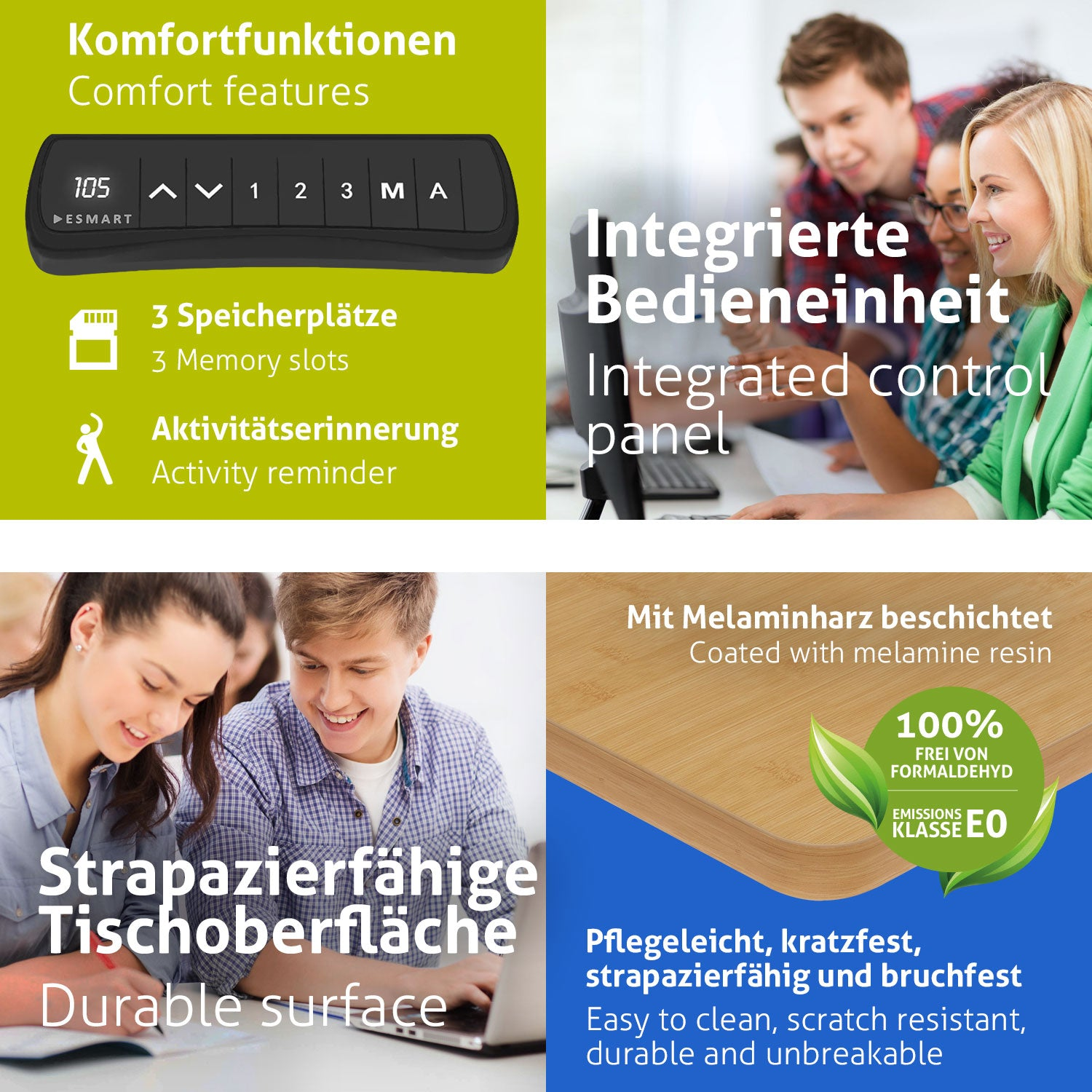 Das Bild zeigt Komfortfunktionen mit Bedienfeld, Personen und Produkteigenschaften, einschließlich langlebiger Oberfläche.