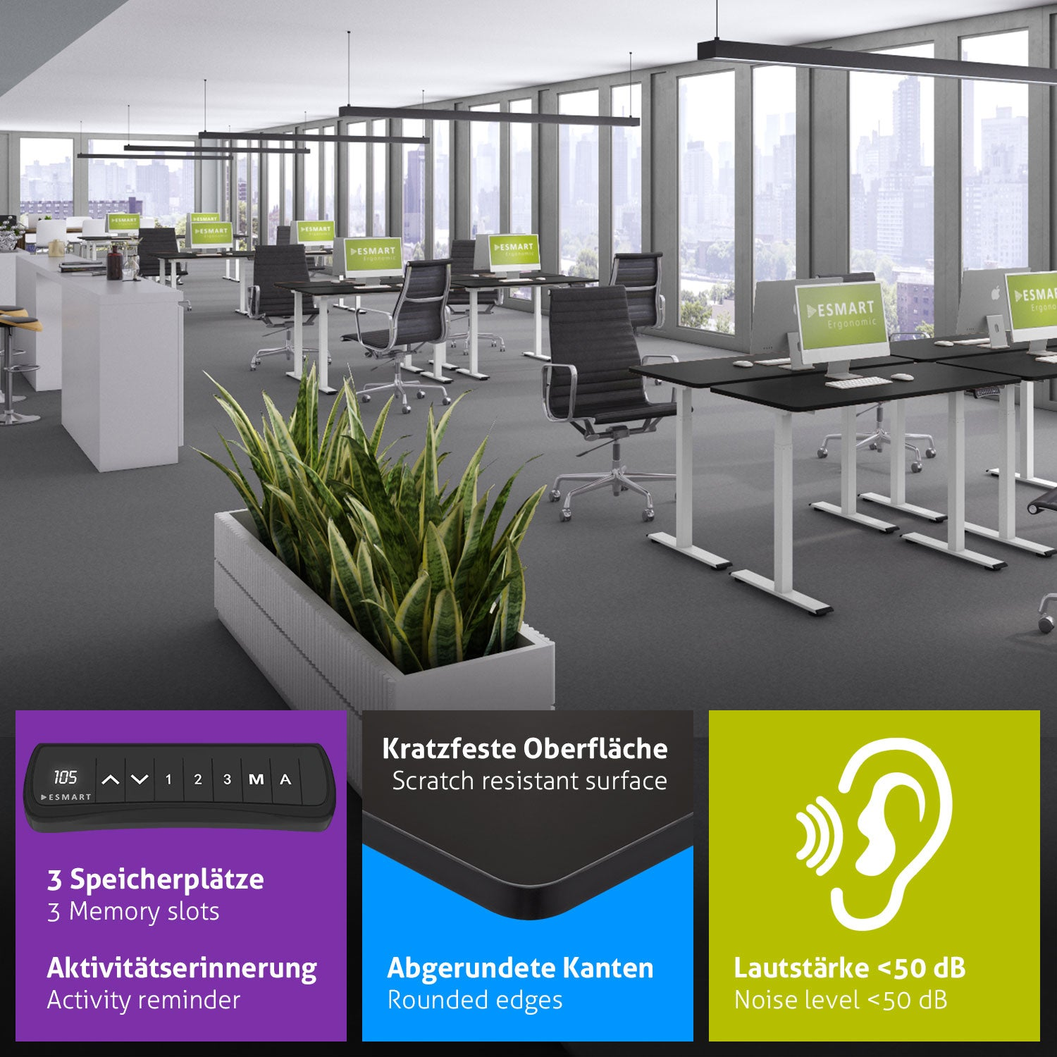 Ein Büro mit Schreibtischen, Stühlen, Computern und Pflanzen. Text unten beschreibt Schreibtischmerkmale wie Kratzfestigkeit und abgerundete Kanten.