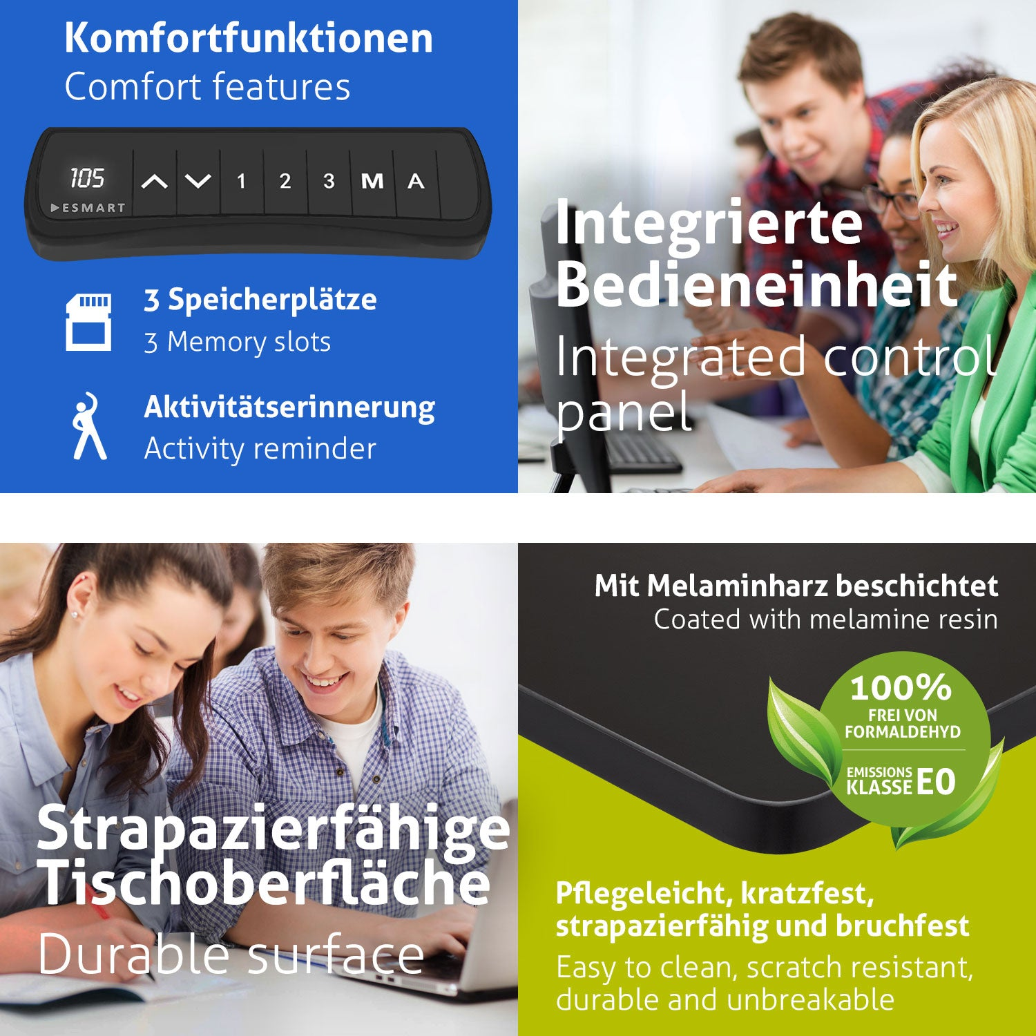 Das Bild zeigt Komfortfunktionen, ein Bedienfeld, Studenten und eine strapazierfähige Oberfläche. Text hebt Vorteile hervor.