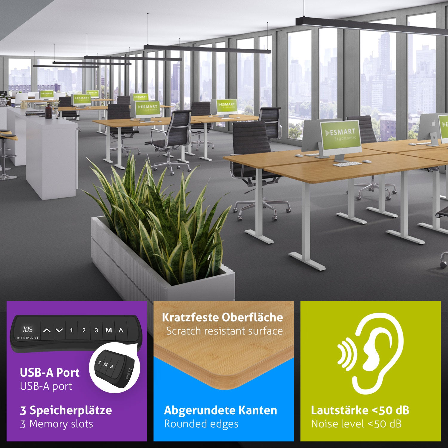 Ein Büro mit Schreibtischen und Computern. Pflanzen im Vordergrund. Merkmale: USB-Anschluss, kratzfeste Oberfläche, abgerundete Kanten, geringe Geräusche.
