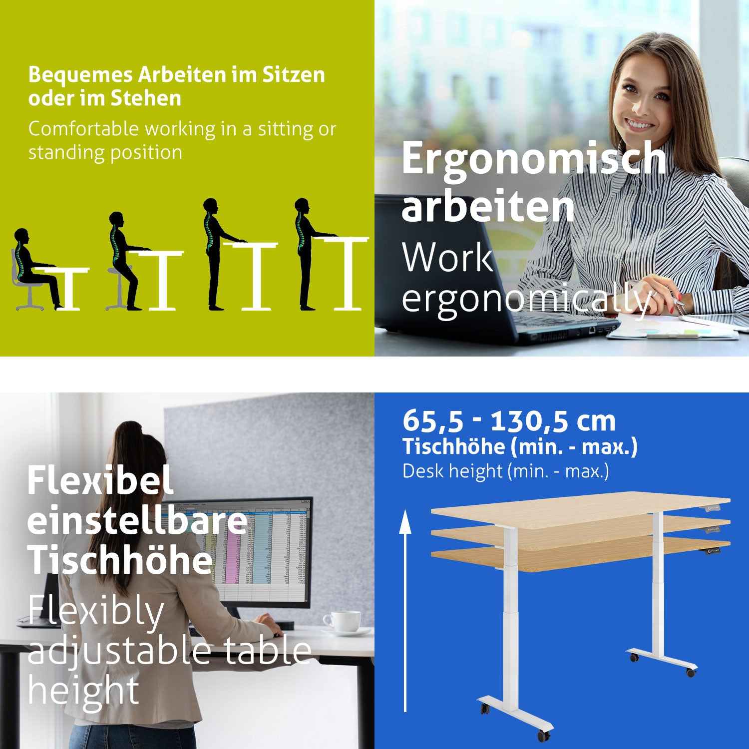 Das Bild zeigt ergonomische Schreibtischkonfigurationen, eine lächelnde Frau und einen höhenverstellbaren Schreibtisch. Der Text hebt Sitzen/Stehen und Tischhöhe hervor.