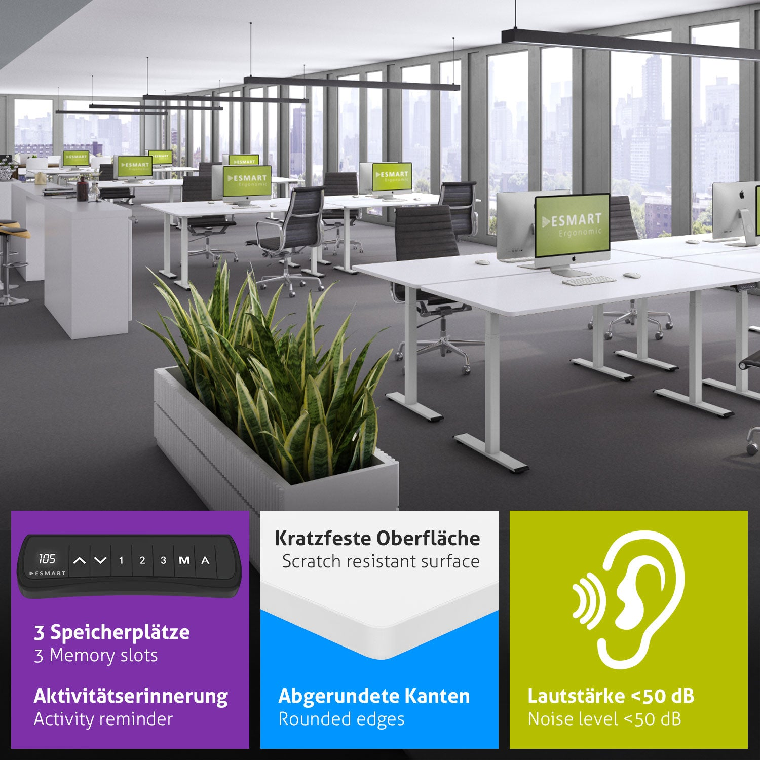 Büro mit Schreibtischen, Computern, Stühlen und Pflanzen. Infoboxen zeigen Merkmale: Kratzfestigkeit, abgerundete Kanten, Speicherslots und Geräuschpegel.