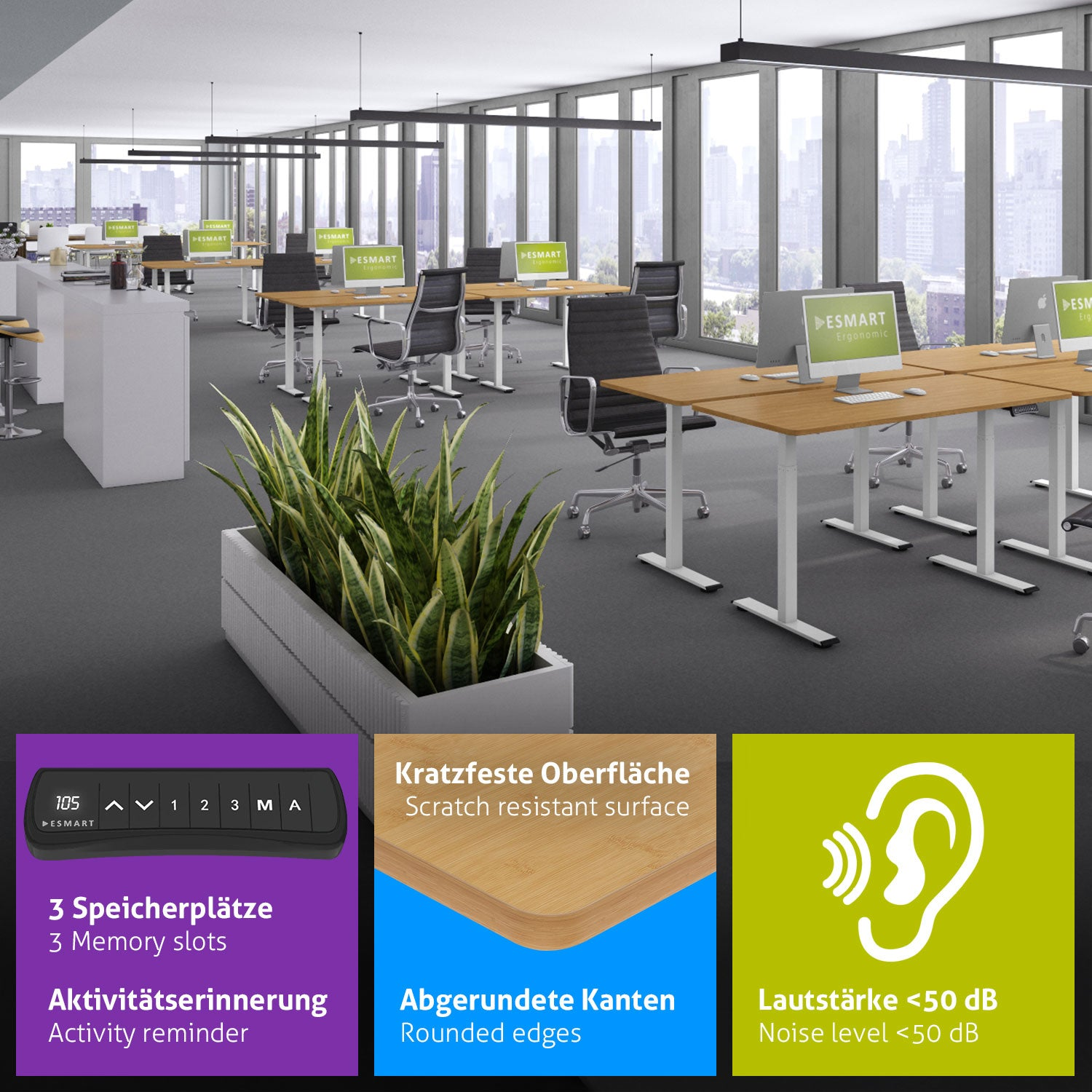 Ein Büro mit Schreibtischen, Stühlen und Computern. Eine Pflanze befindet sich im Vordergrund. Es gibt Details zu Kratzfestigkeit, abgerundeten Kanten und Geräuschpegel.
