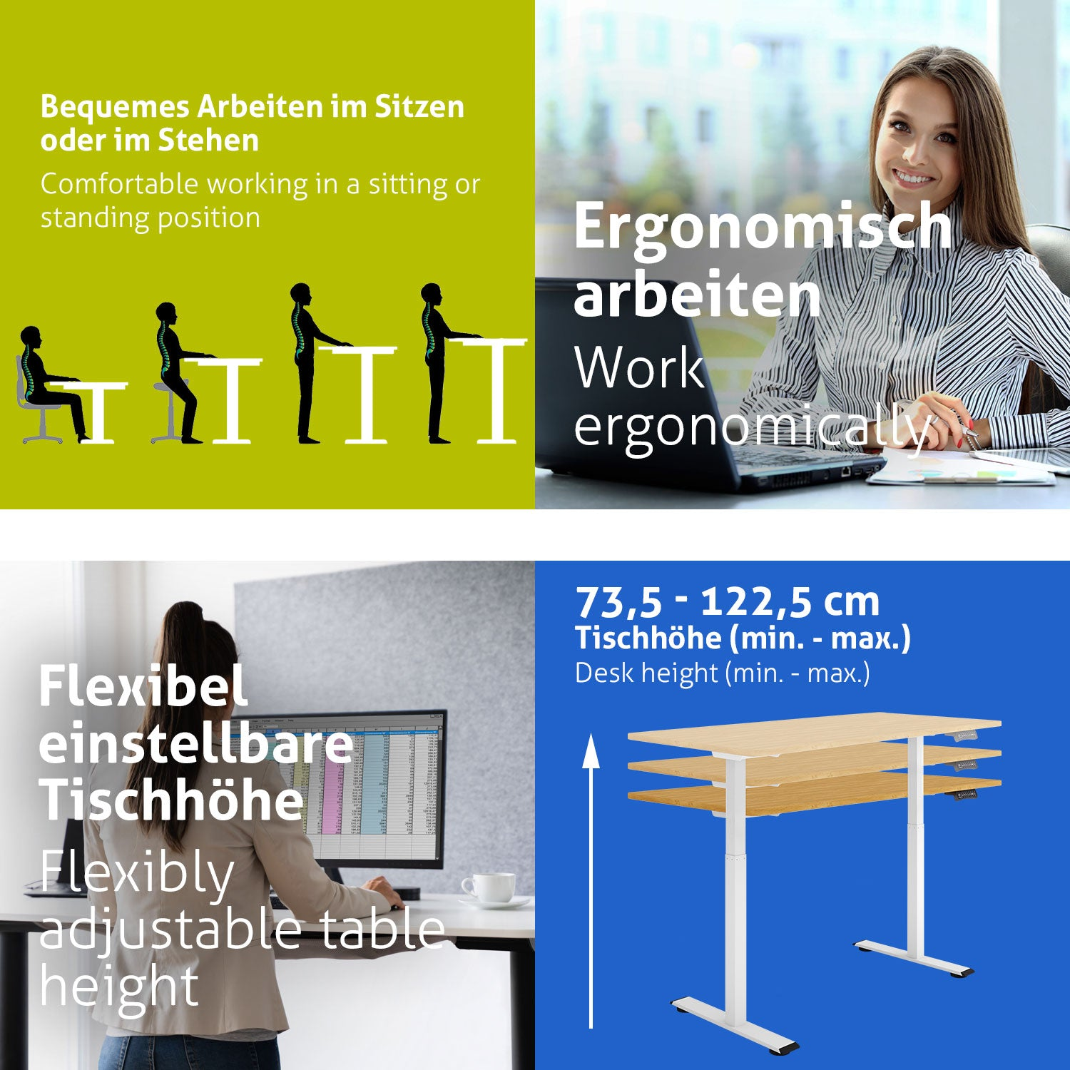 Das Bild zeigt ergonomische Schreibtischmerkmale: höhenverstellbar, Sitz-/Stehoptionen, eine Frau arbeitet bequem.