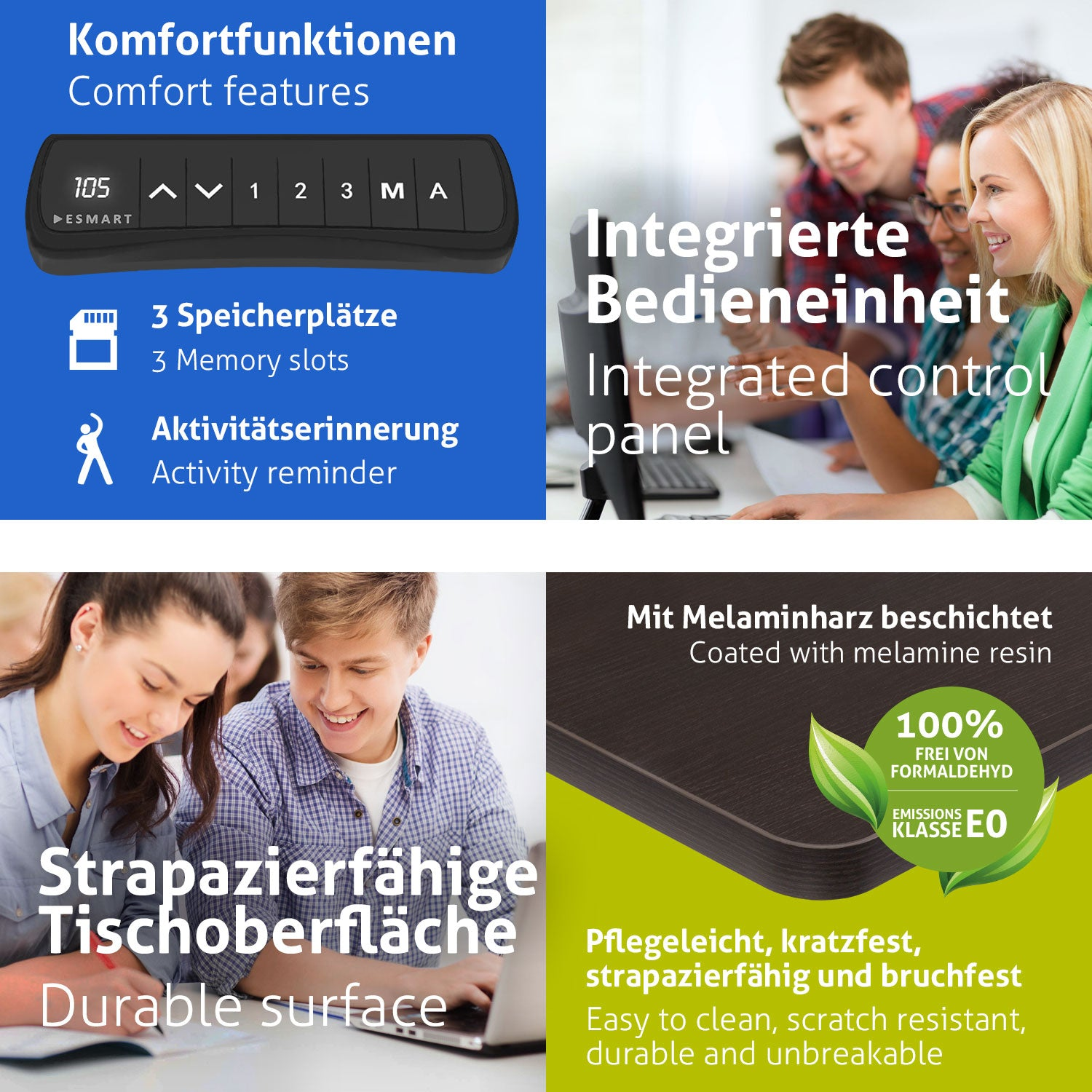 Das Bild zeigt ein Bedienfeld, Menschen, die an Computern arbeiten, und Text über langlebige Oberflächen und Funktionen.