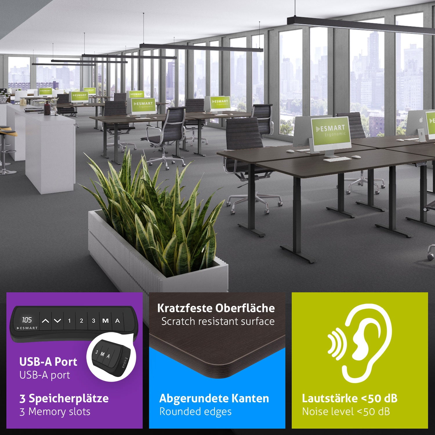 Ein Büro mit Schreibtischen, Computern und Stühlen. Eine Pflanze befindet sich im Vordergrund. Fenster zeigen eine Skyline. Details in Boxen.