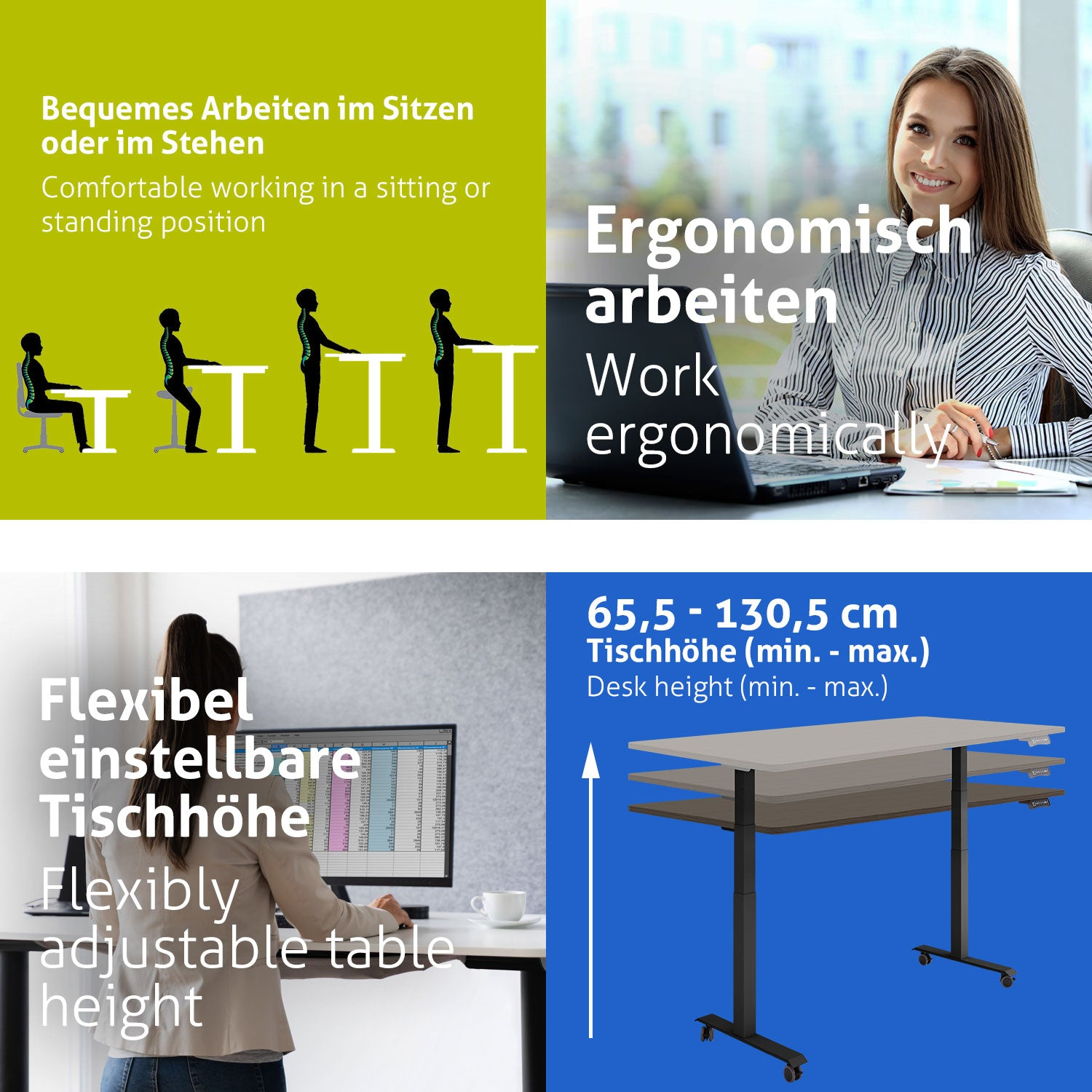 Bild zeigt ergonomische Büroeinrichtung: Menschen sitzen und stehen. Texte beschreiben flexible Tischhöhe und komfortable Arbeitspositionen.