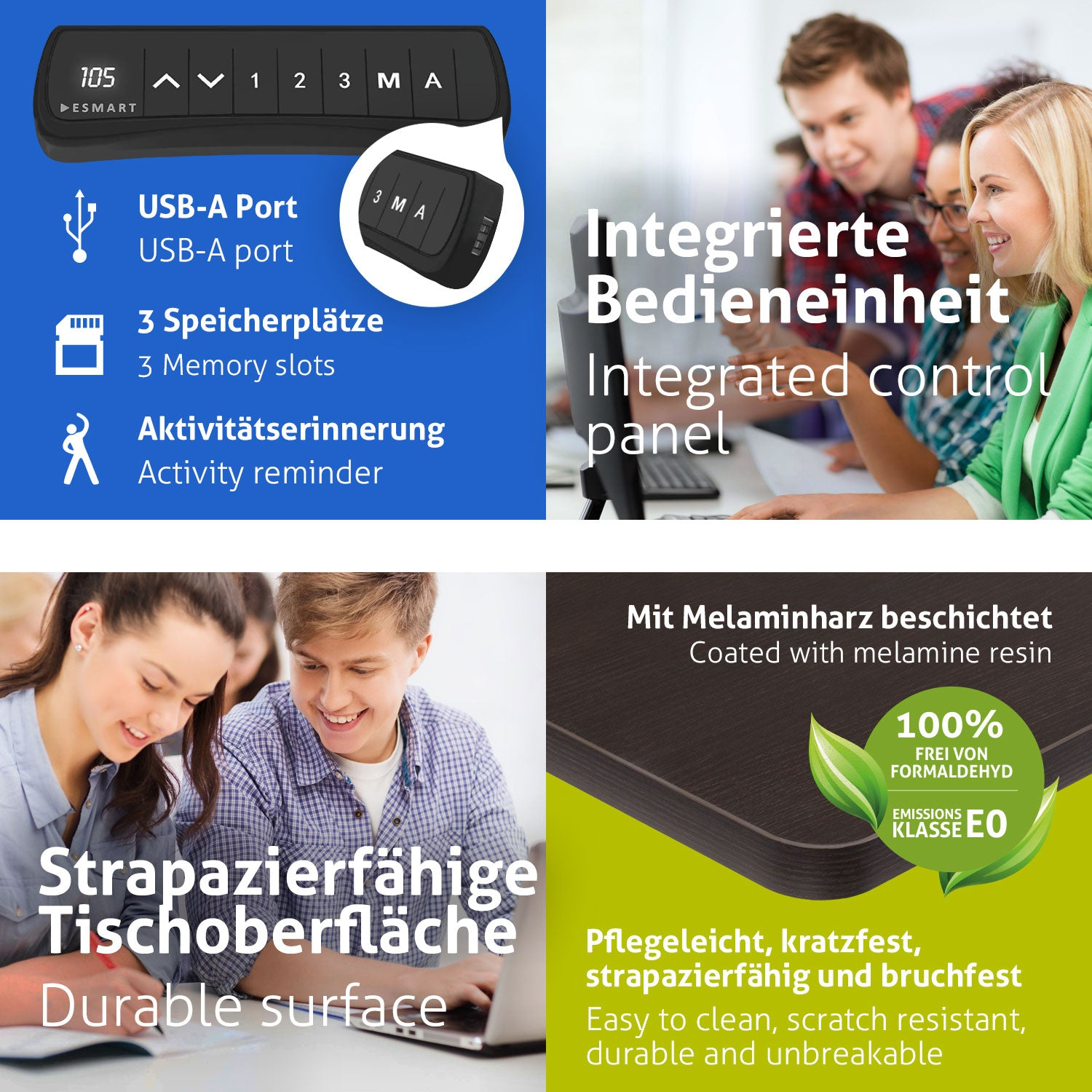Das Bild zeigt Produktmerkmale: USB-Anschluss, Speicherslots, Aktivitätserinnerung, strapazierfähige Oberfläche und integriertes Bedienfeld.