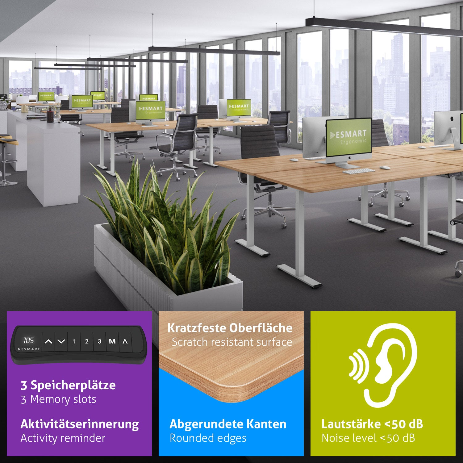 Ein Büro mit Schreibtischen, Stühlen, Computern und Pflanzen. Textfelder zeigen Merkmale: Speicherplätze, Geräuschpegel, abgerundete Kanten.