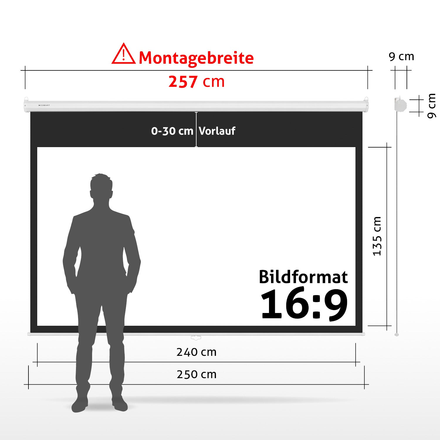 Eine Projektionsleinwand mit Maßen und einer Personensilhouette davor. Leinwandmaße werden angezeigt.