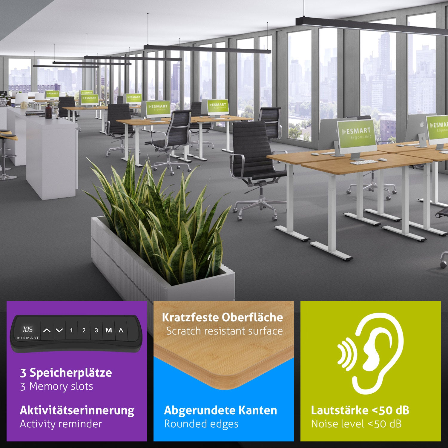 Büro mit Schreibtischen, Computern und Stühlen. Pflanzen im Vordergrund, Fenster im Hintergrund. Merkmale umfassen kratzfeste Oberfläche.